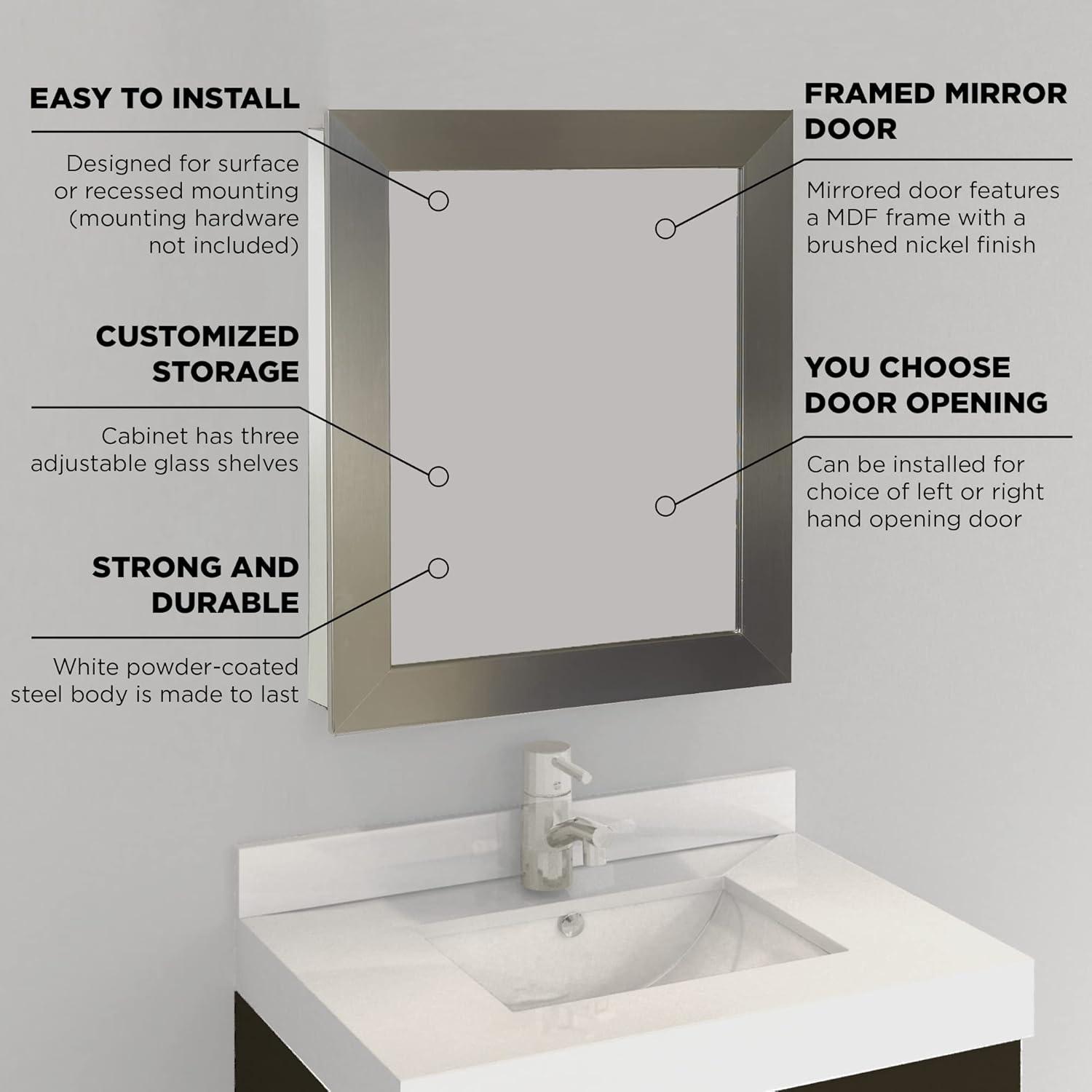 Zenna Home Recessed/Wall Mount Rectangle Framed Mirror Medicine Cabinet, 24.5"x30.5", Brushed Nickel