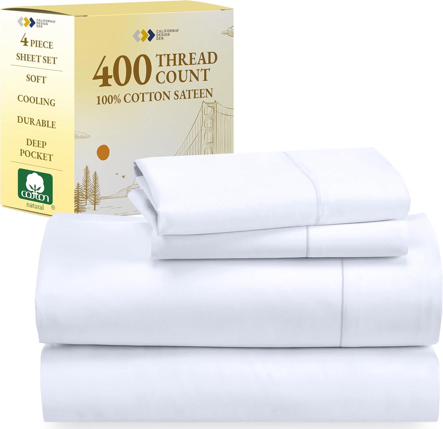 White Full Size 400 Thread Count Cotton Sateen Sheet Set