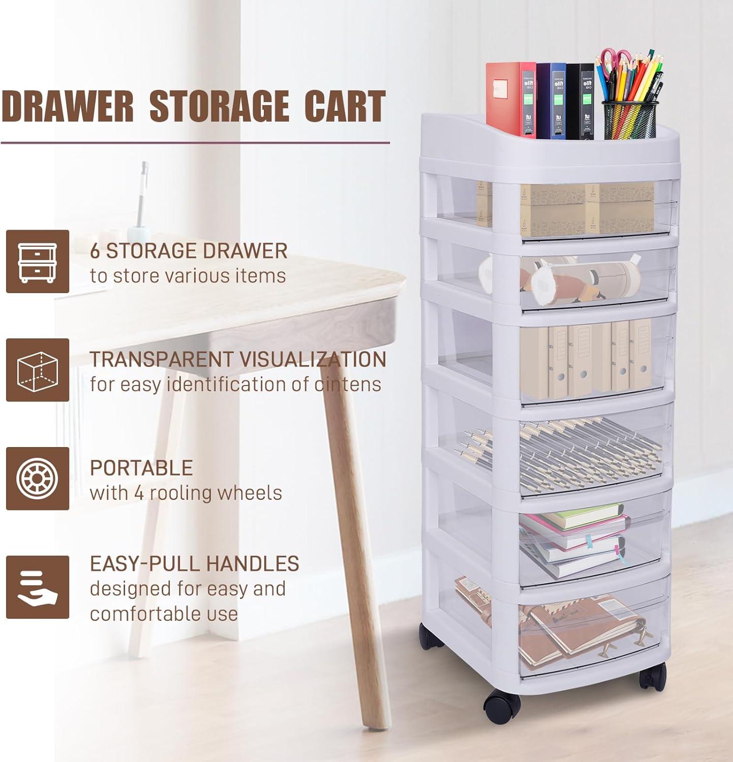 White 6-Tier Plastic Rolling Storage Cart with Clear Drawers