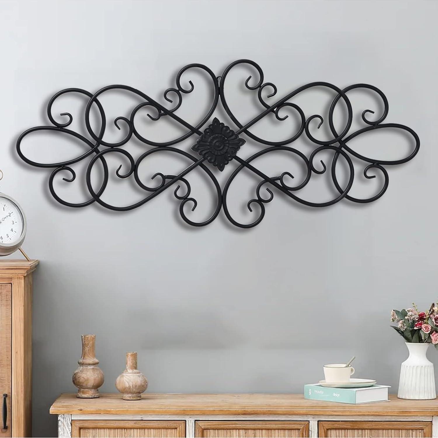 Sintosin Farmhouse Black Wrought Iron Wall Decor 32" x 13", Hanging Flower Plaque Scroll Metal Wall Art  Bedroom Home Decor