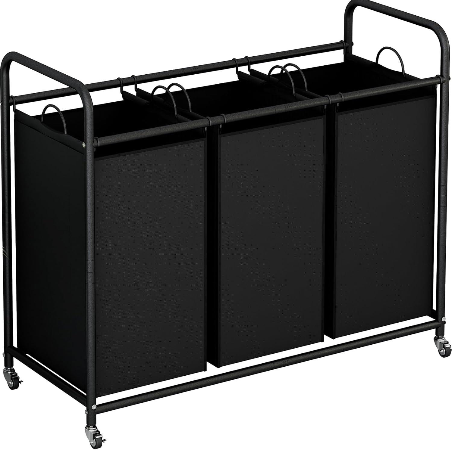 3-Bag Laundry Basket Hamper Laundry Sorter Cart laundry room organization with Heavy Duty Rolling Lockable Wheels and Removable Bags (Black)