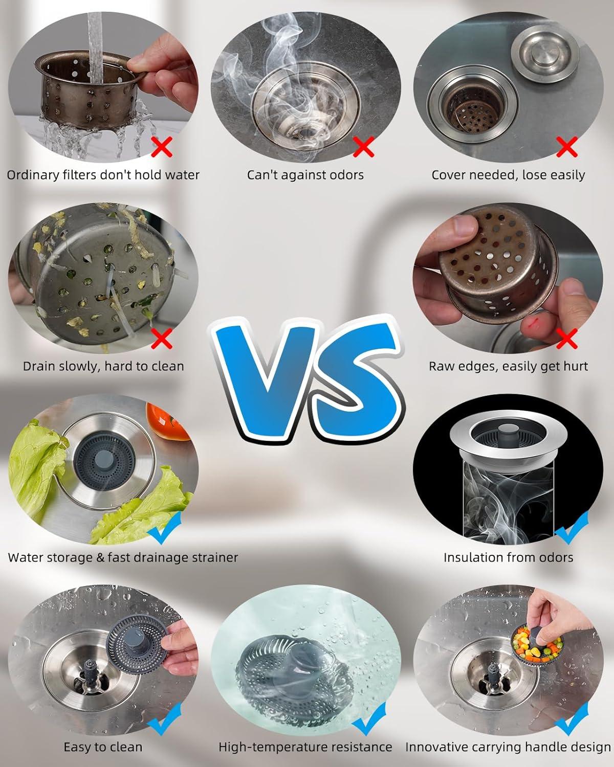 Hibbent 3-in-1 Kitchen Sink Drain Strainer  Stopper , Stainless Steel Pop-Up Design, Anti-Clogging Metal Basket with Handle, Compatible with US Standard 3-1/2" Drain