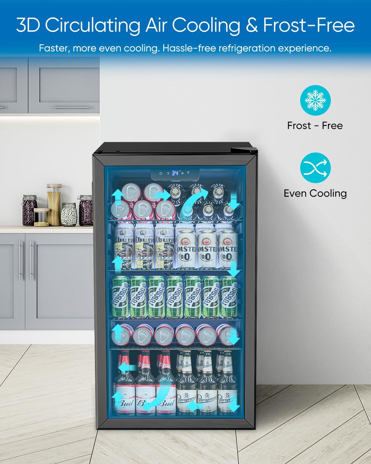 Ivation 126 Can Beverage Refrigerator, Freestanding Mini Fridge with Glass Door - Black