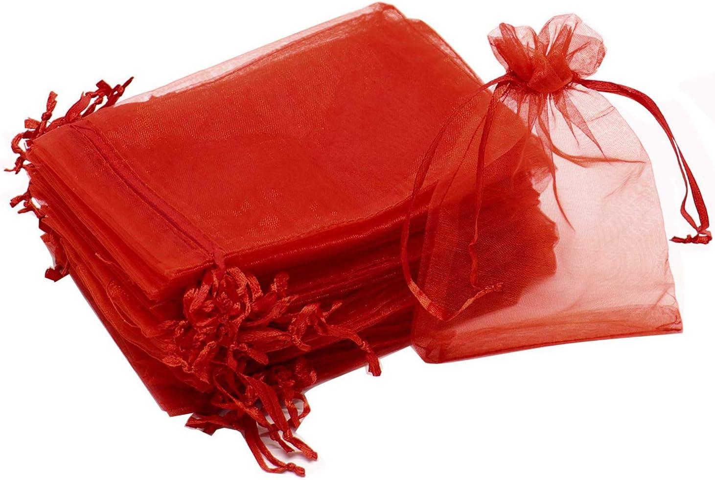 100PCS 4x6inch (10x15cm) Drawstring Organza Jewelry Favor Pouches Wedding Party Festival Gift Bags Candy Bags (Red)