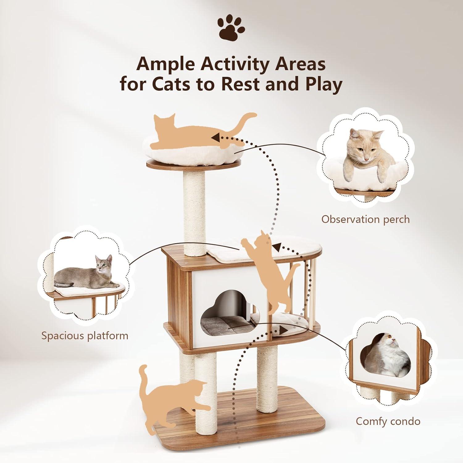 Gymax 46'' Kittens & Cats Modern Wooden Cat Tree with Platform & Washable Cushions