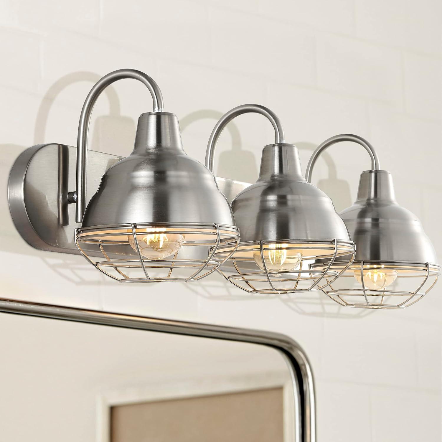 BEAUTY DEPOT 24.5" 3-Light Industrial Farmhouse Vanity Light, Nickel Finish, Led Bulbs Included, Modern Rustic Bathroom, Hallway, Living Room, Bedroom Mirror Cabinet Lighting