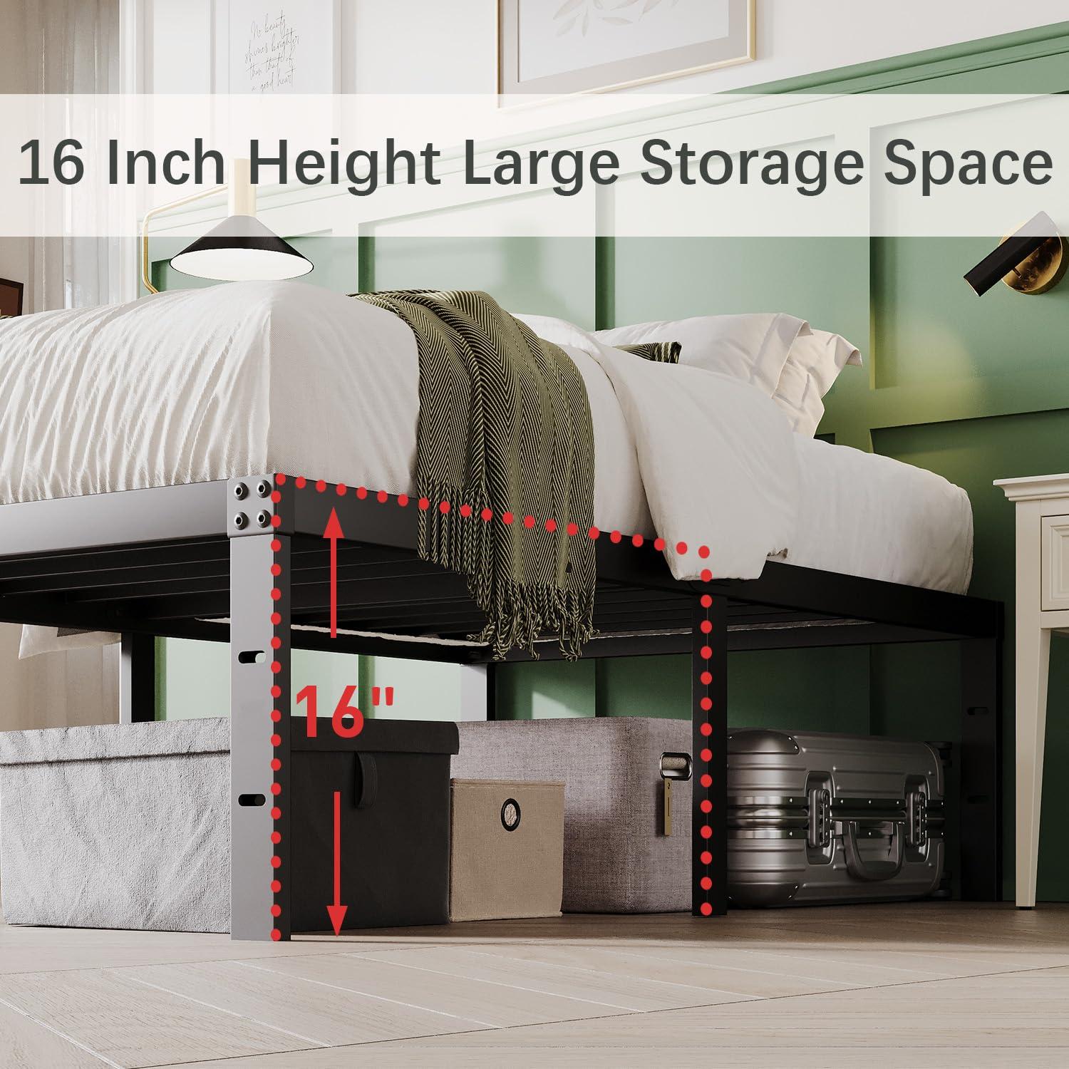 Twin Metal Bed Frame - 16 Inch Tall, No Box Spring Needed, Heavy Duty Platform With Storage Space, Sturdy Non-Slip Noiseless