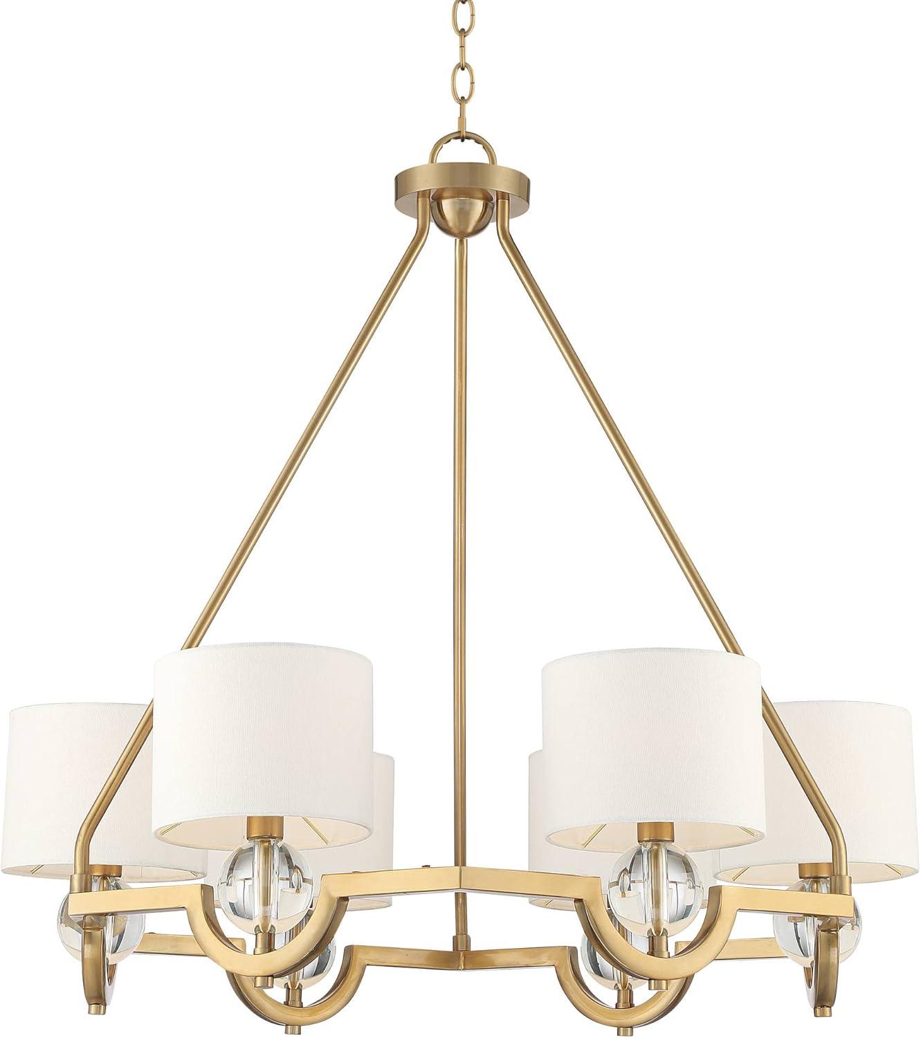 Stiffel Warm Brass Chandelier 32" Wide Modern Clear Crystal Off White Drum Shade 6-Light Fixture for Dining Room House Kitchen