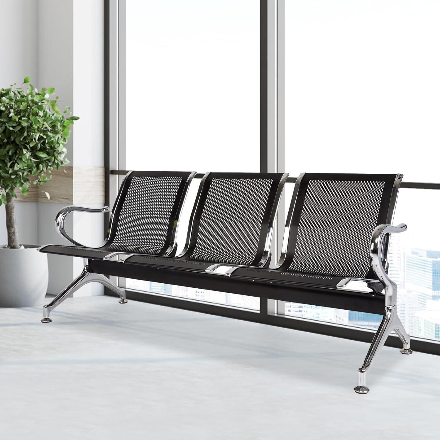 Kinbor Waiting Room Chairs, 3-Seat Reception Chairs Office Guest Waiting Furniture Bench Seating for Airport Bank Hospital, Black