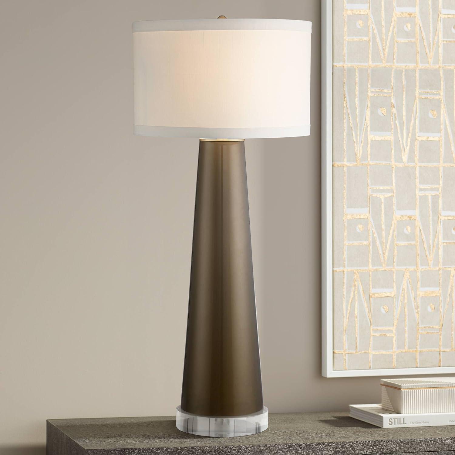 Tall Dark Gold Glass Table Lamp with Clear Round Riser and Off-White Shade