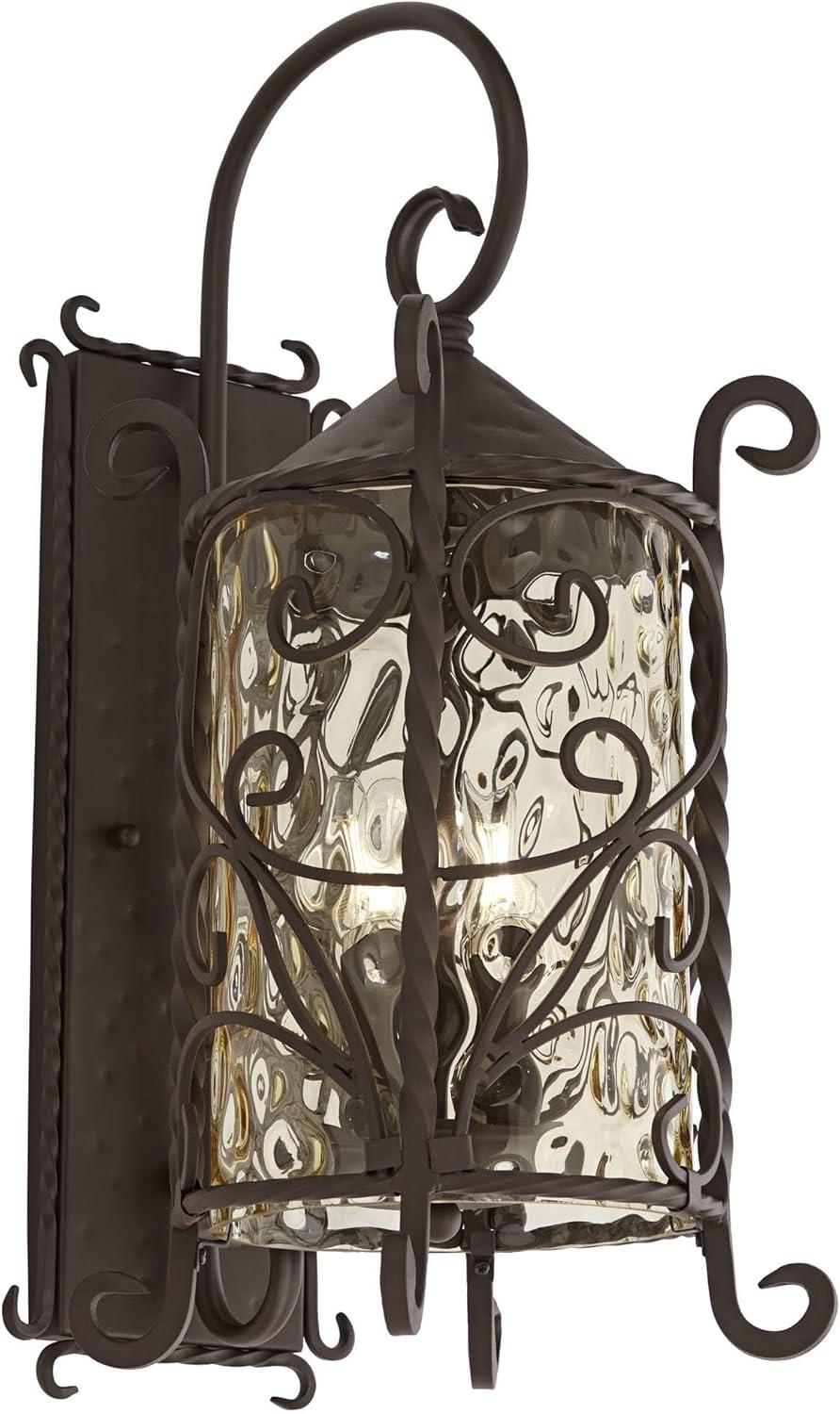 John Timberland Casa Seville Vintage Rustic Outdoor Wall Light Fixture Dark Walnut Scroll 23 3/4" Champagne Hammered Glass for Post Exterior Barn Deck