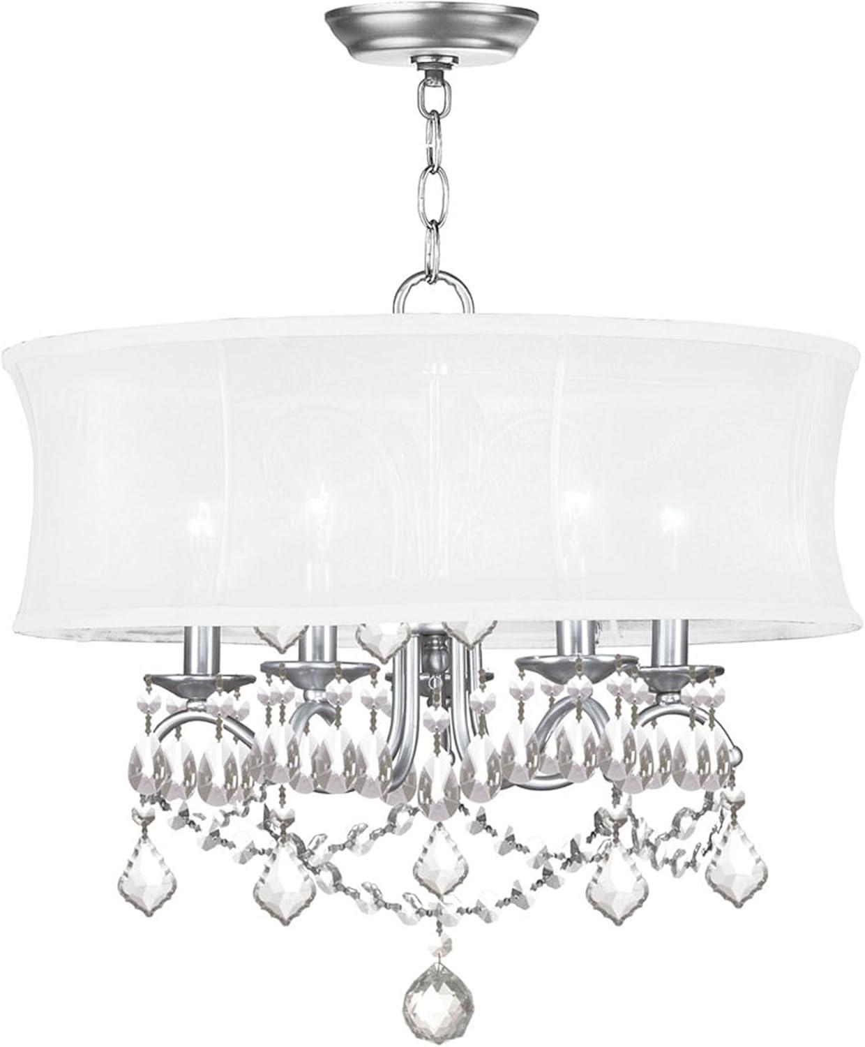 Newcastle Brushed Nickel 5-Light Chandelier with Crystal Drops and Silk Shade