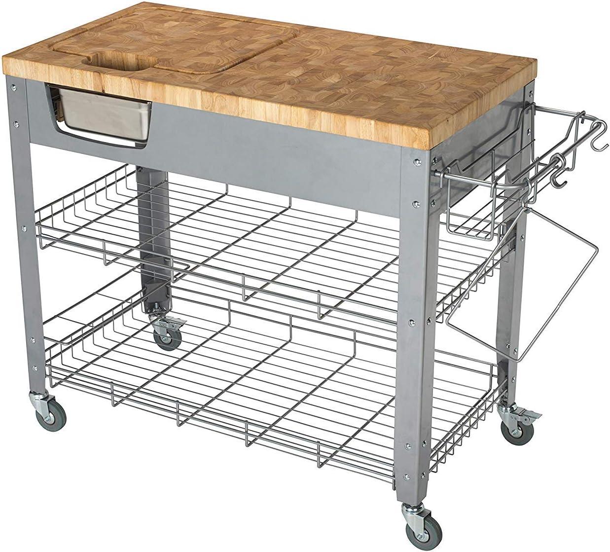 Natural Wood and Metal Kitchen Cart with Spice Rack