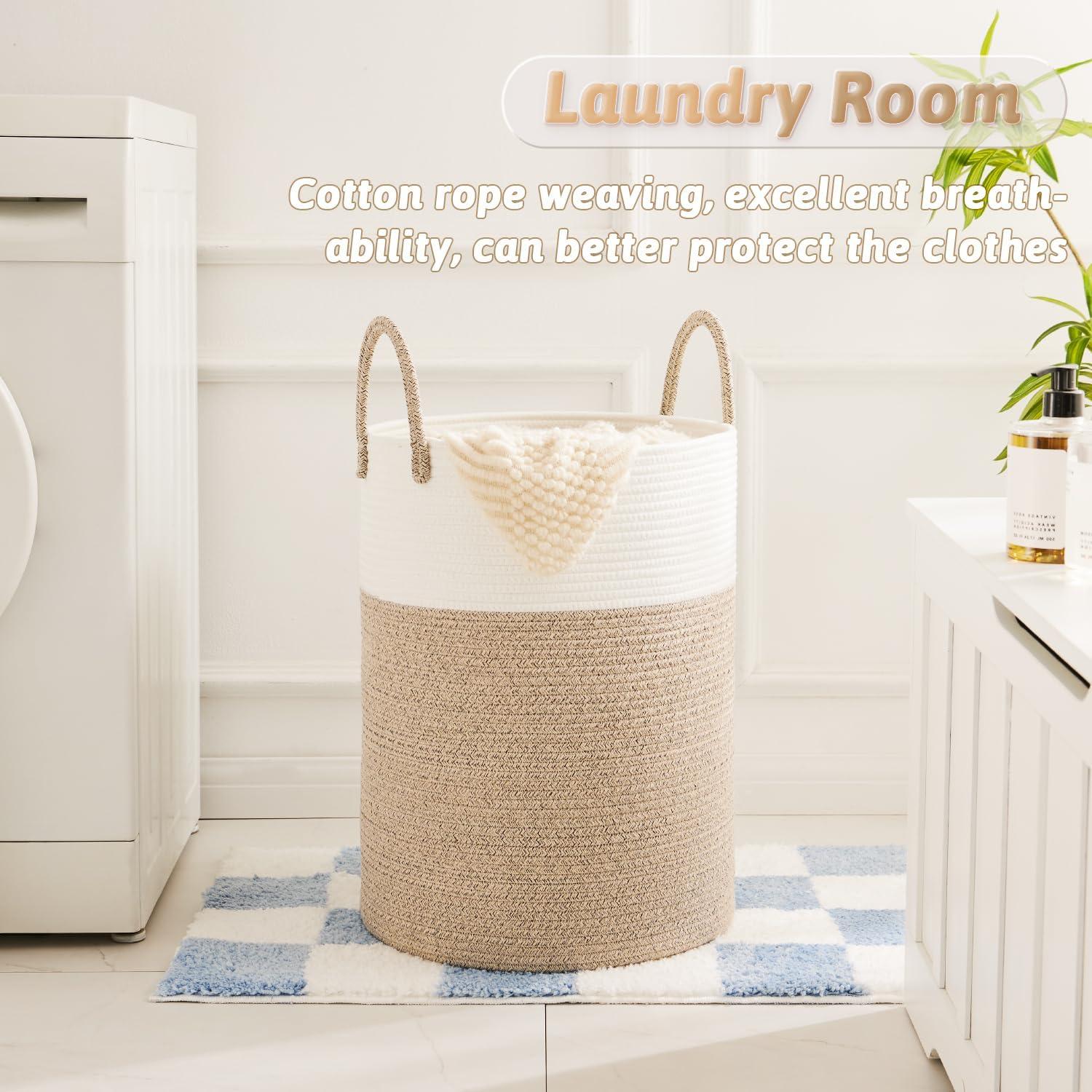 VCBAVC 60L  Laundry Hamper,Woven Cotton Rope Laundry Hamper  Handles,Large Capacity for Decorative Storage of Dirty Clothes,Toys and Blankets in Bathroom,Baby Room and Living Room