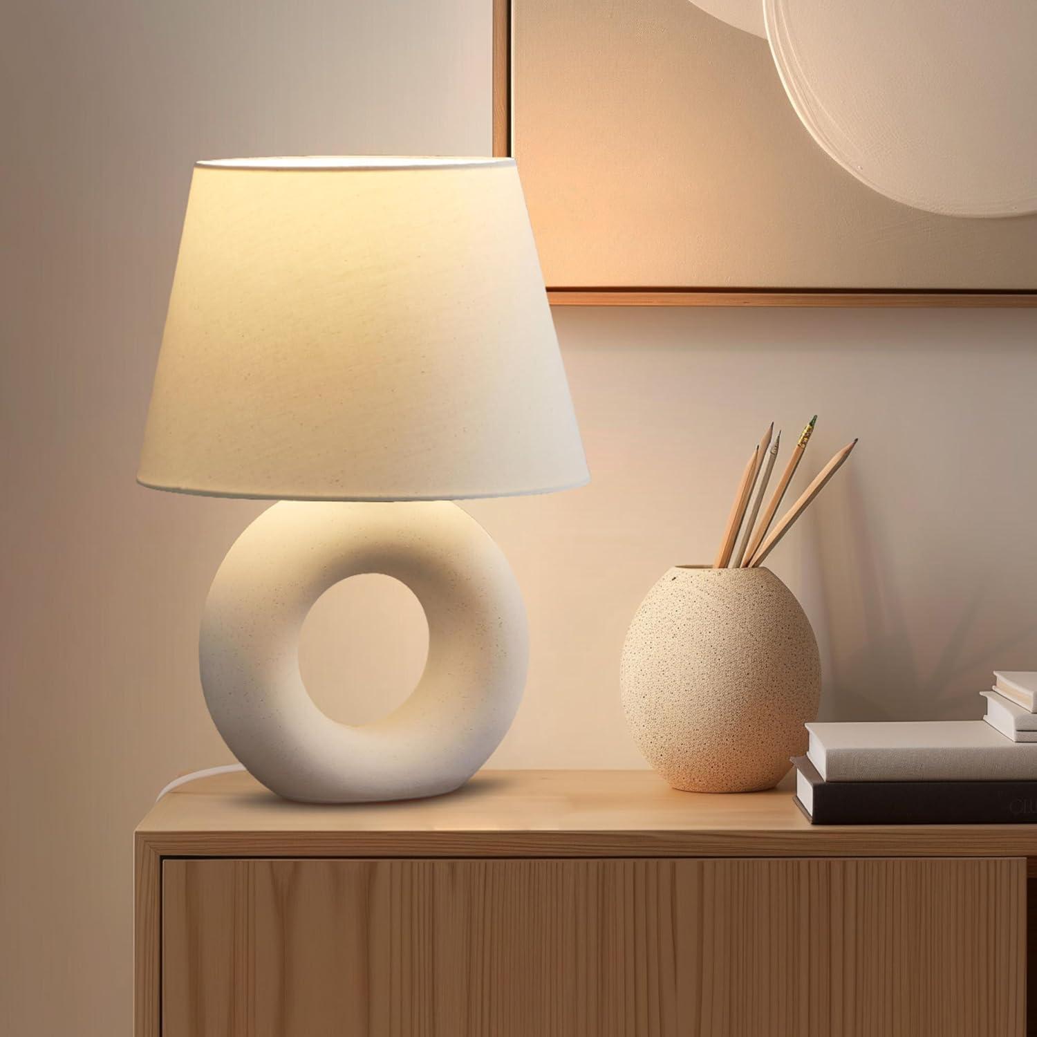 Brightech Chloe 15.5" Modern LED Table Lamp with Circular Ceramic Base and Natural Cotton Shade