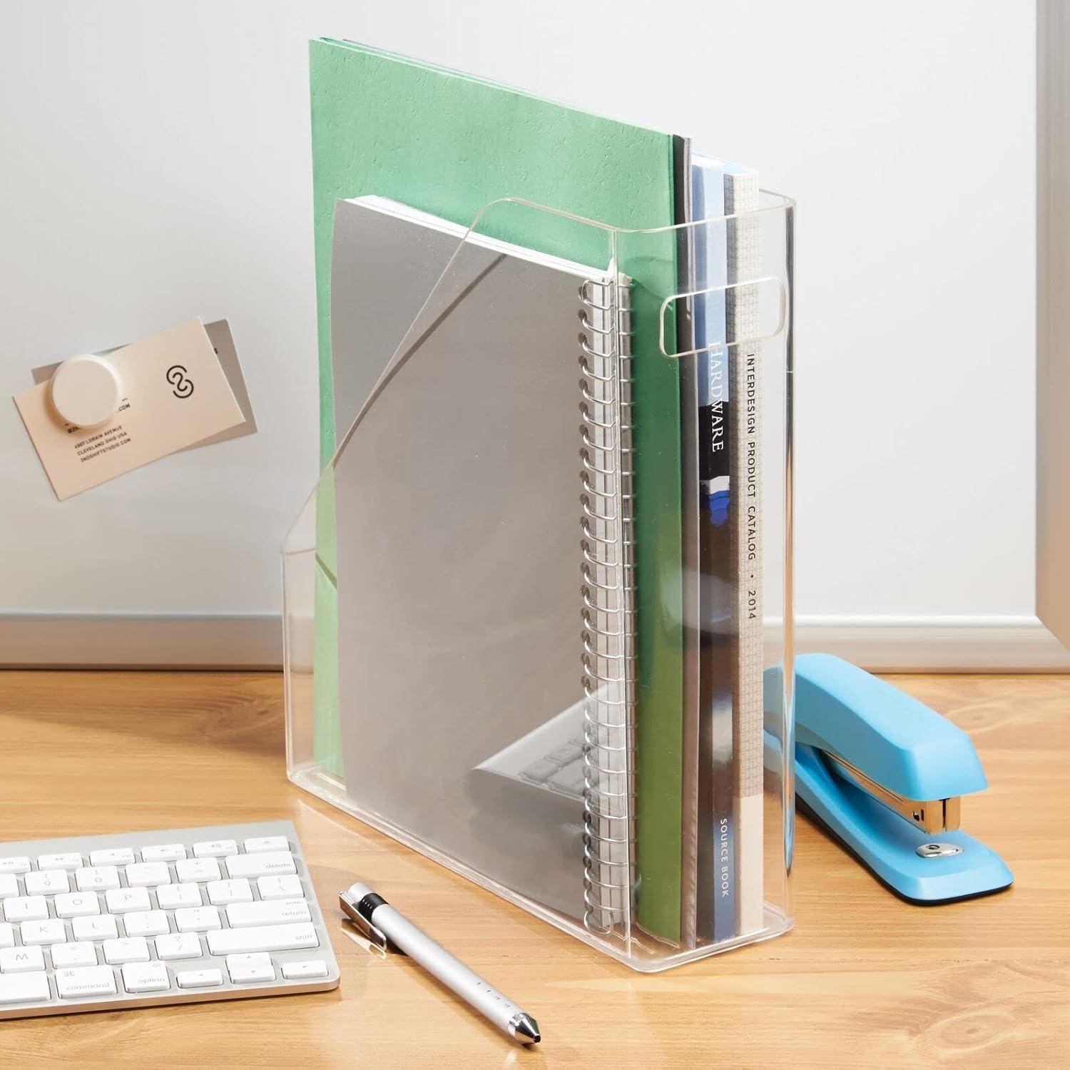 mDesign Plastic Sturdy File Folder Bin Storage Organizer Vertical with Handle Holds Notebooks Binders Envelopes Magazines Container for Home Office and Work Desktops 8 Pack Clear