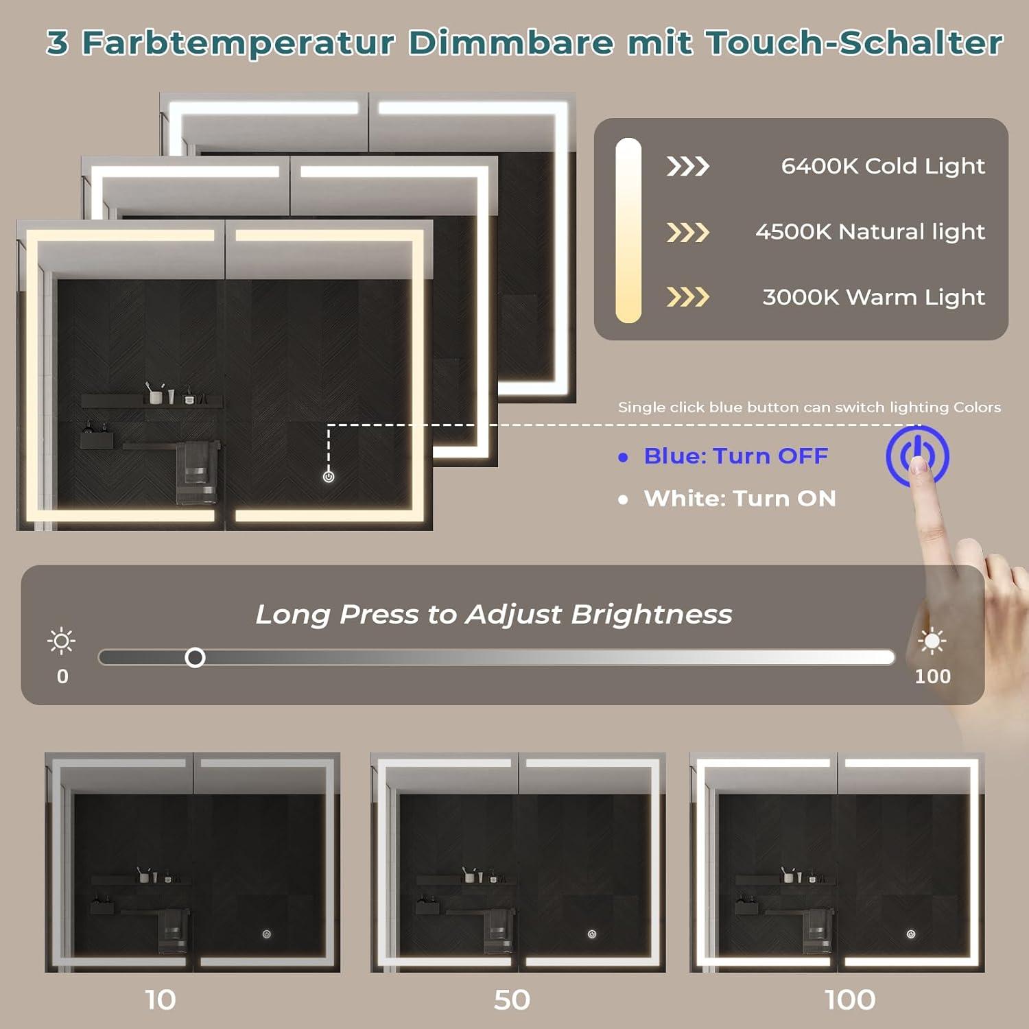 DICTAC Bathroom Medicine Cabinet with Mirror and LED Light, Wall Mounted Bathroom Mirror with Storage, 2 Doors Bathroom Wall Cabinet, Memory Dimmable 3 Color Temp, Adjustable Shelves, 31.5''x23.6''