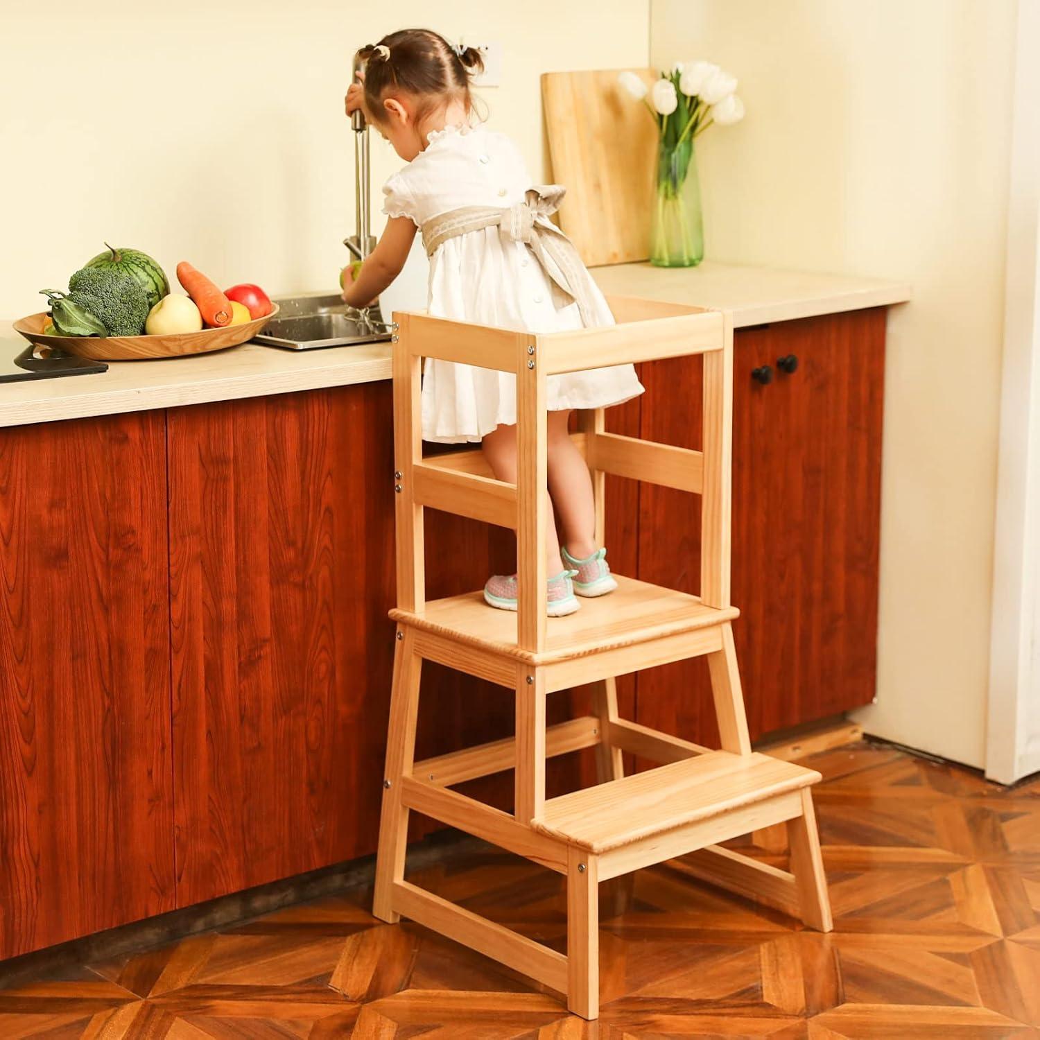 Natural Solid Wood Toddler Kitchen Step Stool with Safety Rail