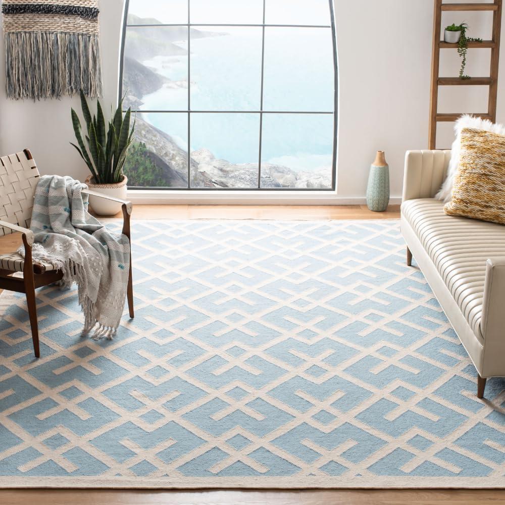 SAFAVIEH Dhurrie Brianna Geometric Moroccan Wool Area Rug, Light Blue/Ivory, 8' x 10'