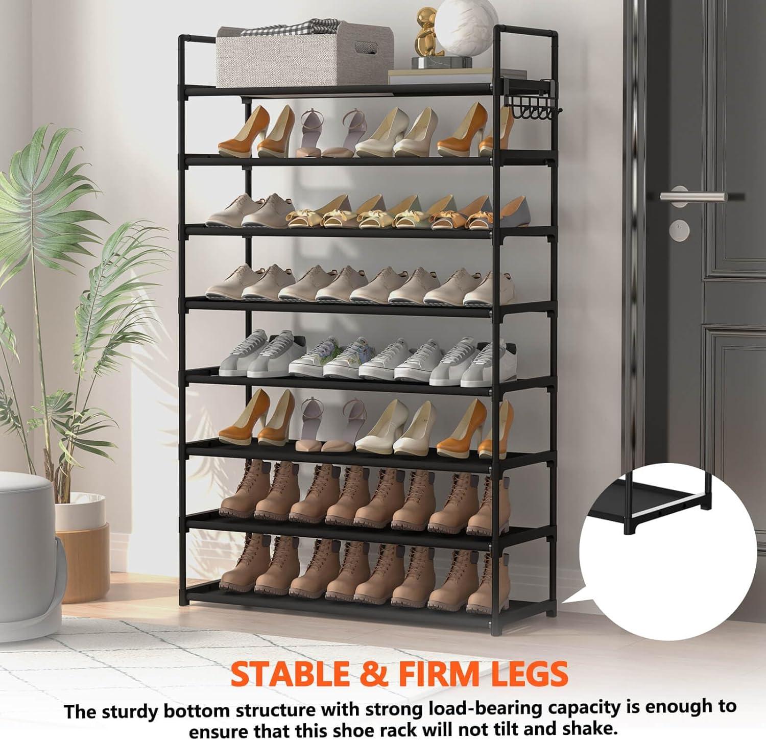 8-Tier Black Metal Stackable Shoe Rack with Hooks