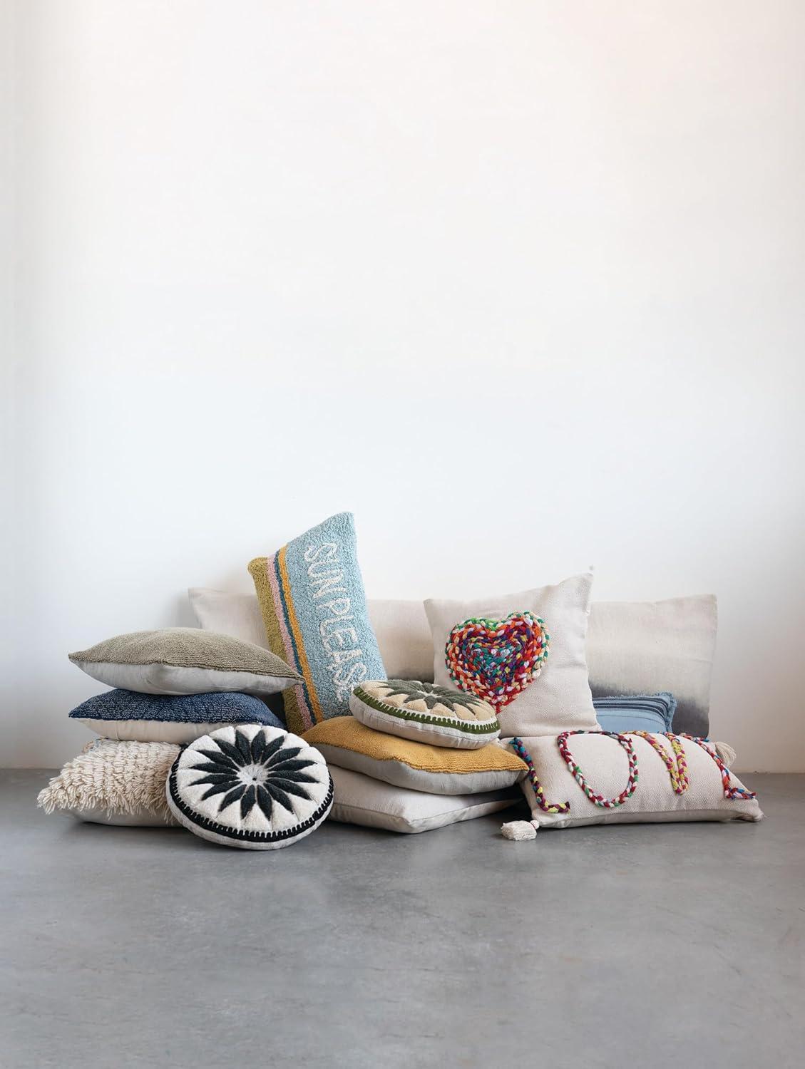Creative Co-Op Woven Cotton Punch Hook Lumbar Pillow with "Sun Please" Design