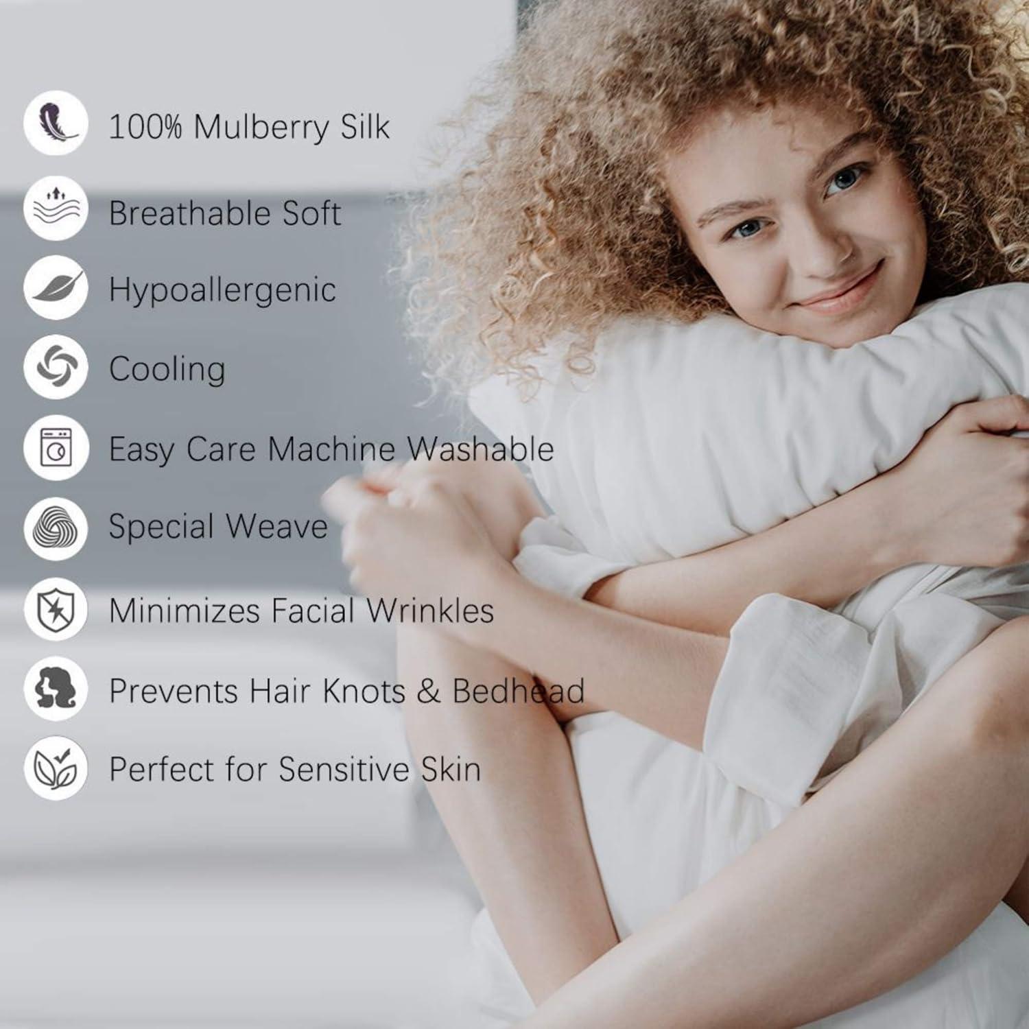100% Silk Pillow Cases 2 Pack, Mulberry Silk Pillowcase for Hair and Skin with Hidden Zipper, Soft Breathable Smooth Cooling Silk Pillowcase for Sleeping Women (Buff Beige, King)