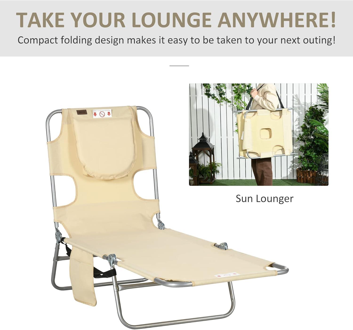 Outsunny Folding Beach Lounge Chair with Face Hole and Arm Slots, 5-Level Adjustable Sun Lounger Tanning Chair with Pillow for Patio, Garden, Beach, Pool, Dark Blue
