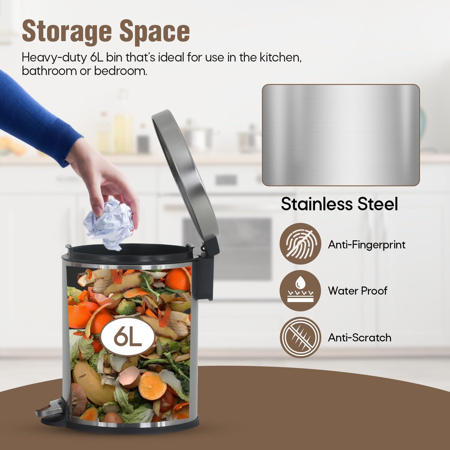 FDW Sleek Stainless Steel Pedal Trash Can 6L/1.6 Gallon Garbage Can with Removable Inner Basket Hygienic, Quiet and Durable for Home or Office