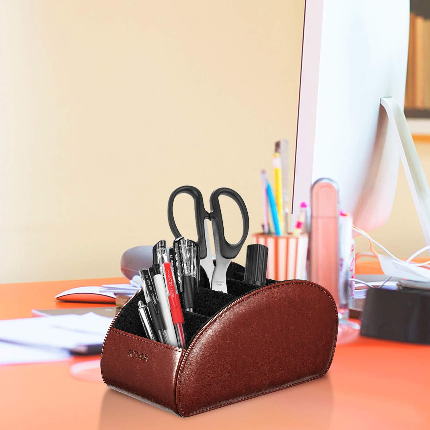 SITHON Remote Control Holder with 5 Compartments - PU Leather Remote Caddy Desktop Organizer, Brown