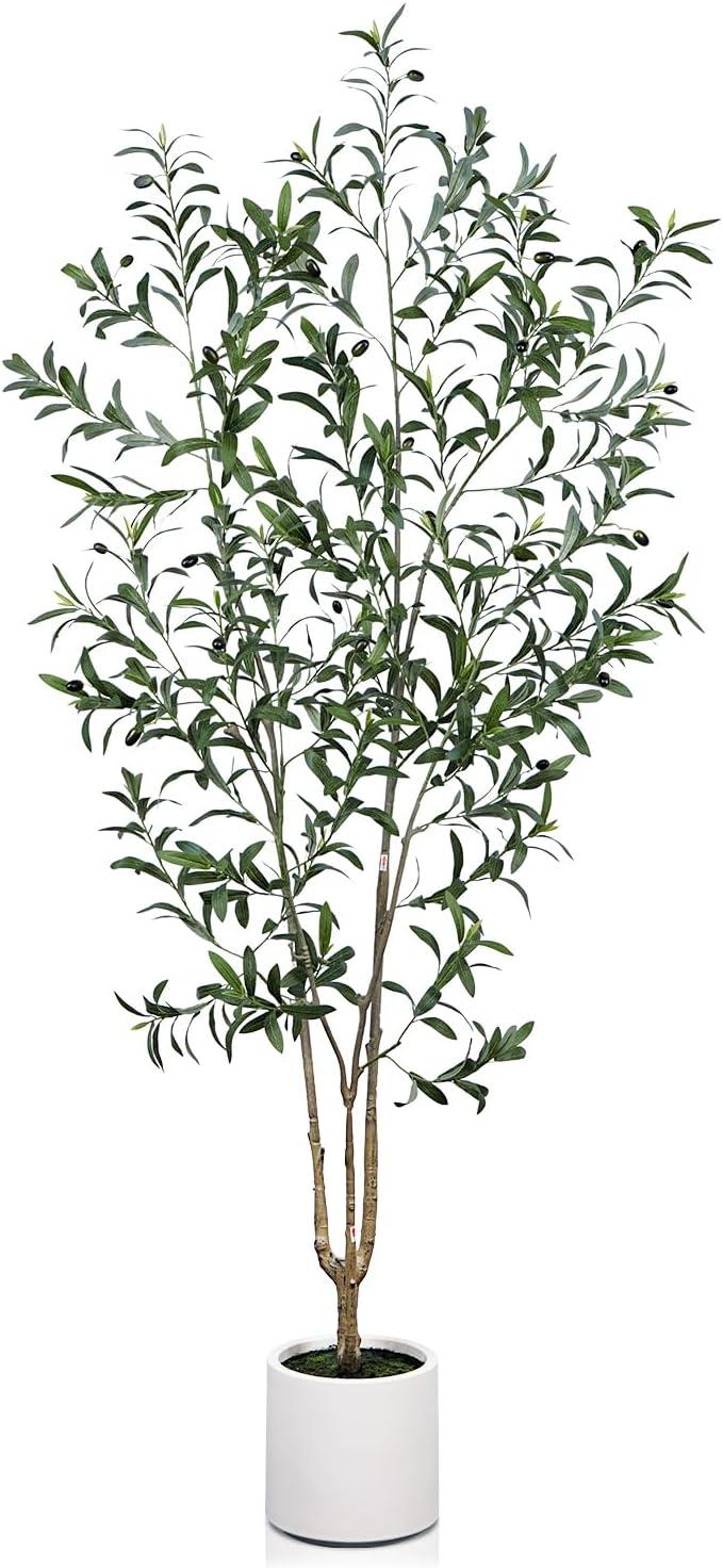 LOMANTO Artificial Olive Trees, 6 ft Tall Fake Olive Trees for Indoor, Faux Olive Silk Tree, Large Olive Plants with White Planter for Home Decor and Housewarming Gift, 1 Pack