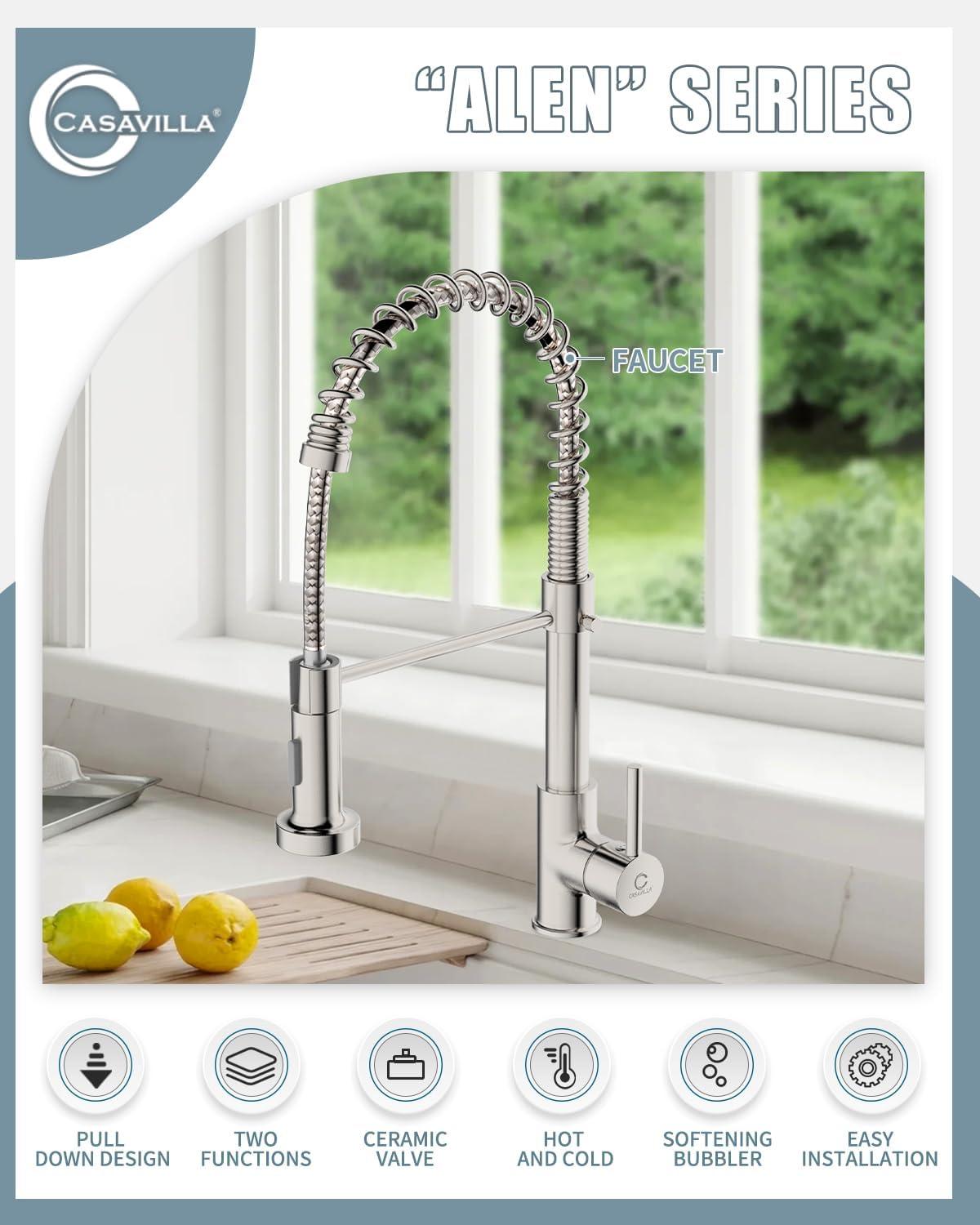 Brushed Nickel Kitchen Faucet With Pull Down Sprayer, Stainless Steel Kitchen Sink Faucets