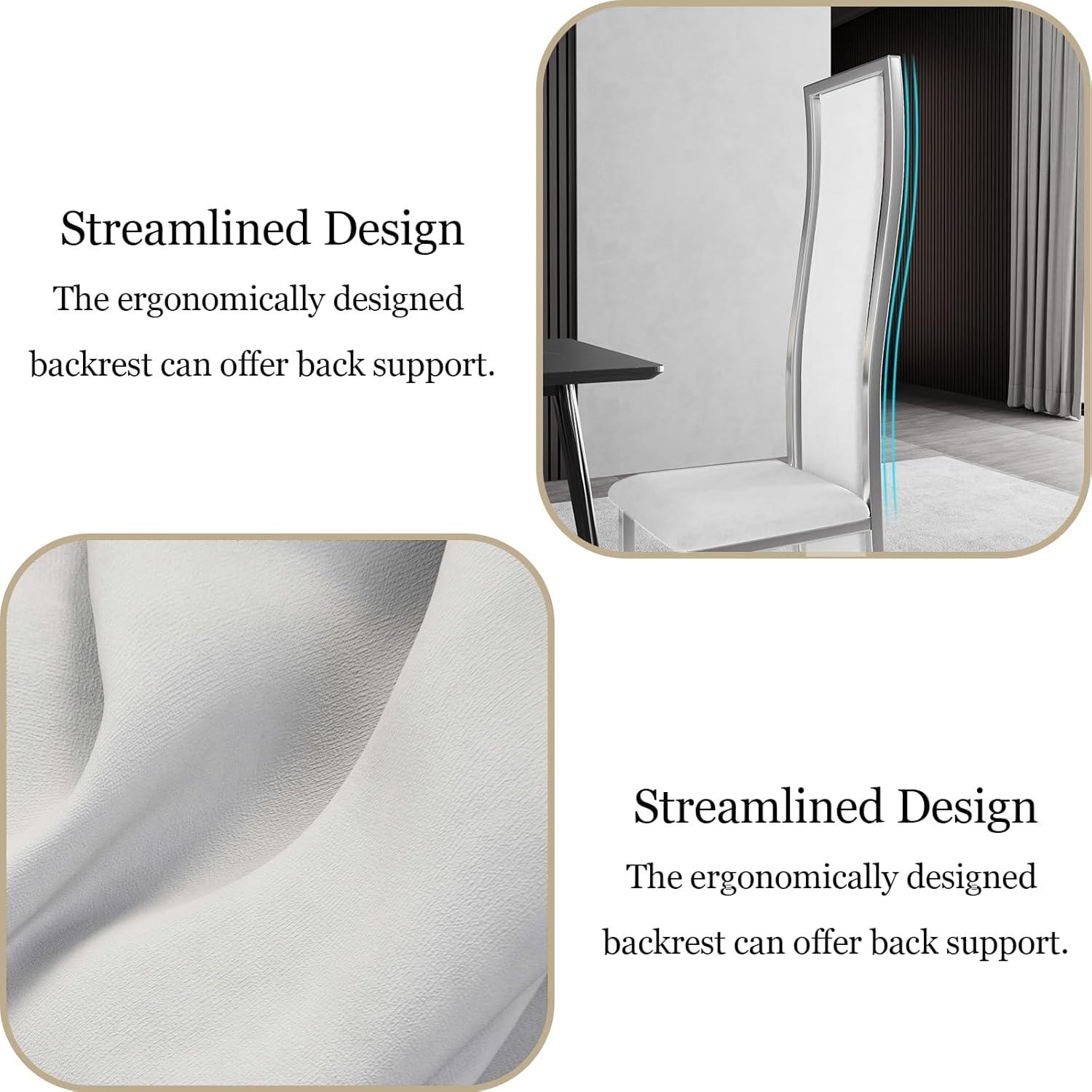 MIFI White Velvet Dining Chairs Set of 2, High-back , Kitchen & Dining Room Chairs , Sillas De Comedor ,Fabric Upholstered, Silver Chrome Metal Legs (White, 2 Pcs)