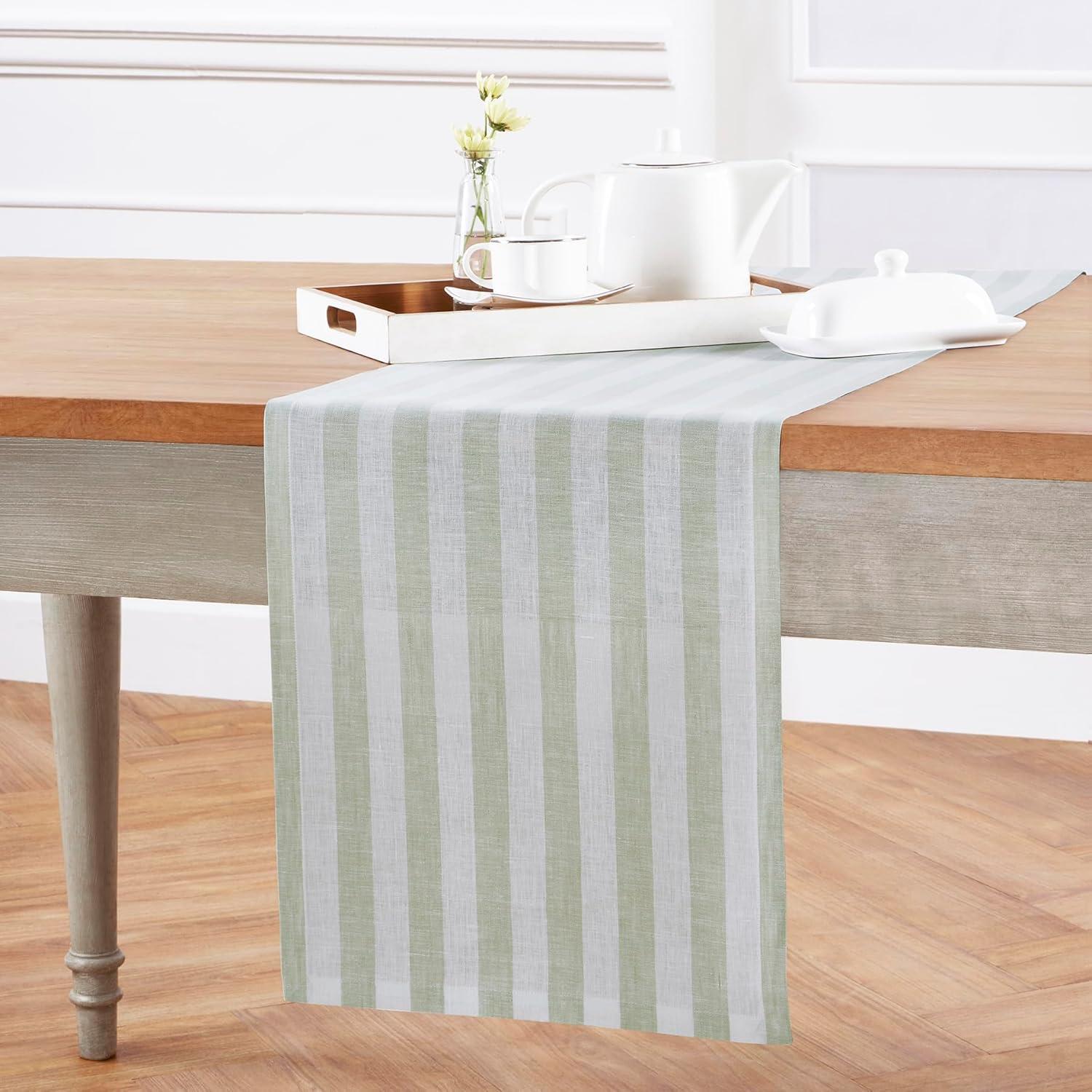 Sage and White Striped Linen Table Runner 60 inches