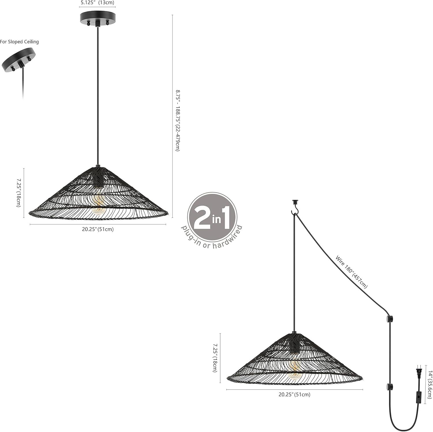 Nova 20.25" Black Rattan Cone LED Pendant with Adjustable Cord