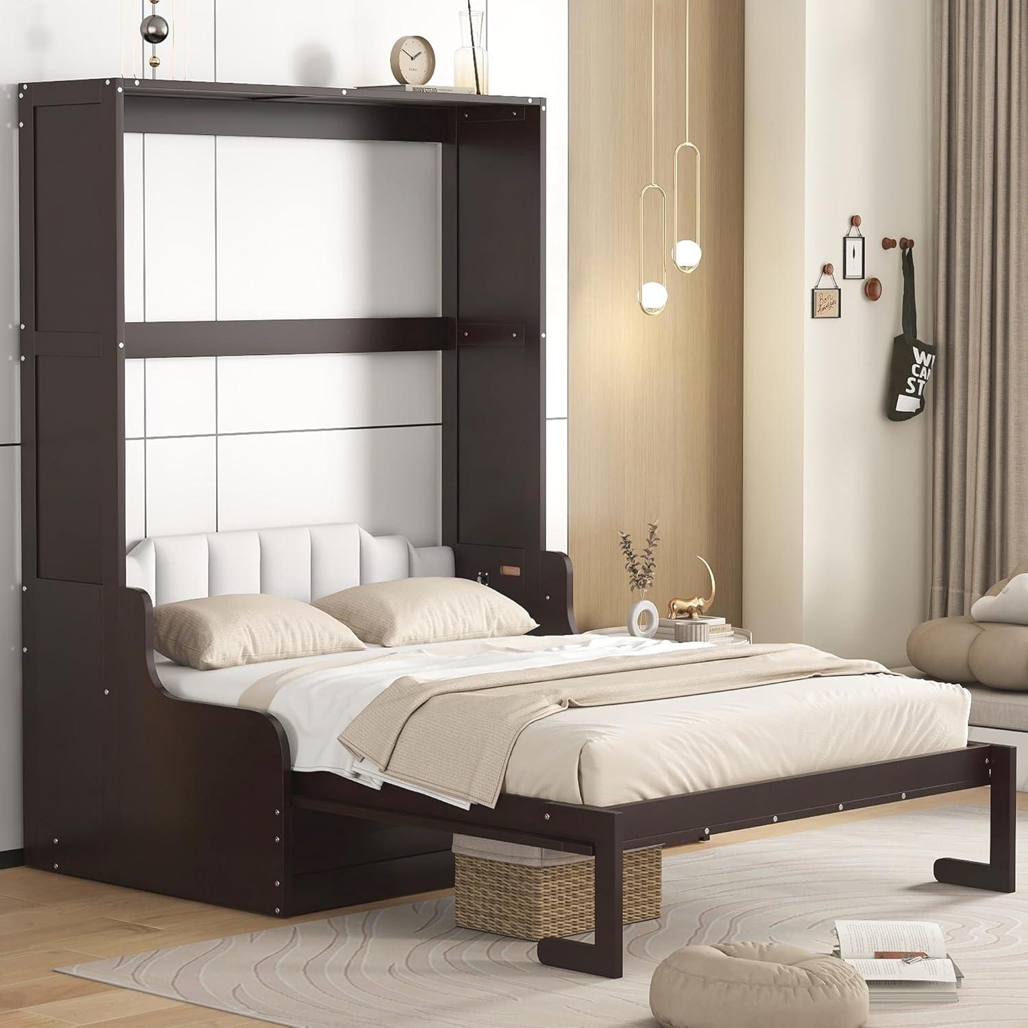 Harper & Bright Designs Queen Size Murphy Bed Chest with Upholstered Headboard, Espresso Wood Wall Bed Cabinet with Cushion Seat, Foldable for Guest Room Home Office