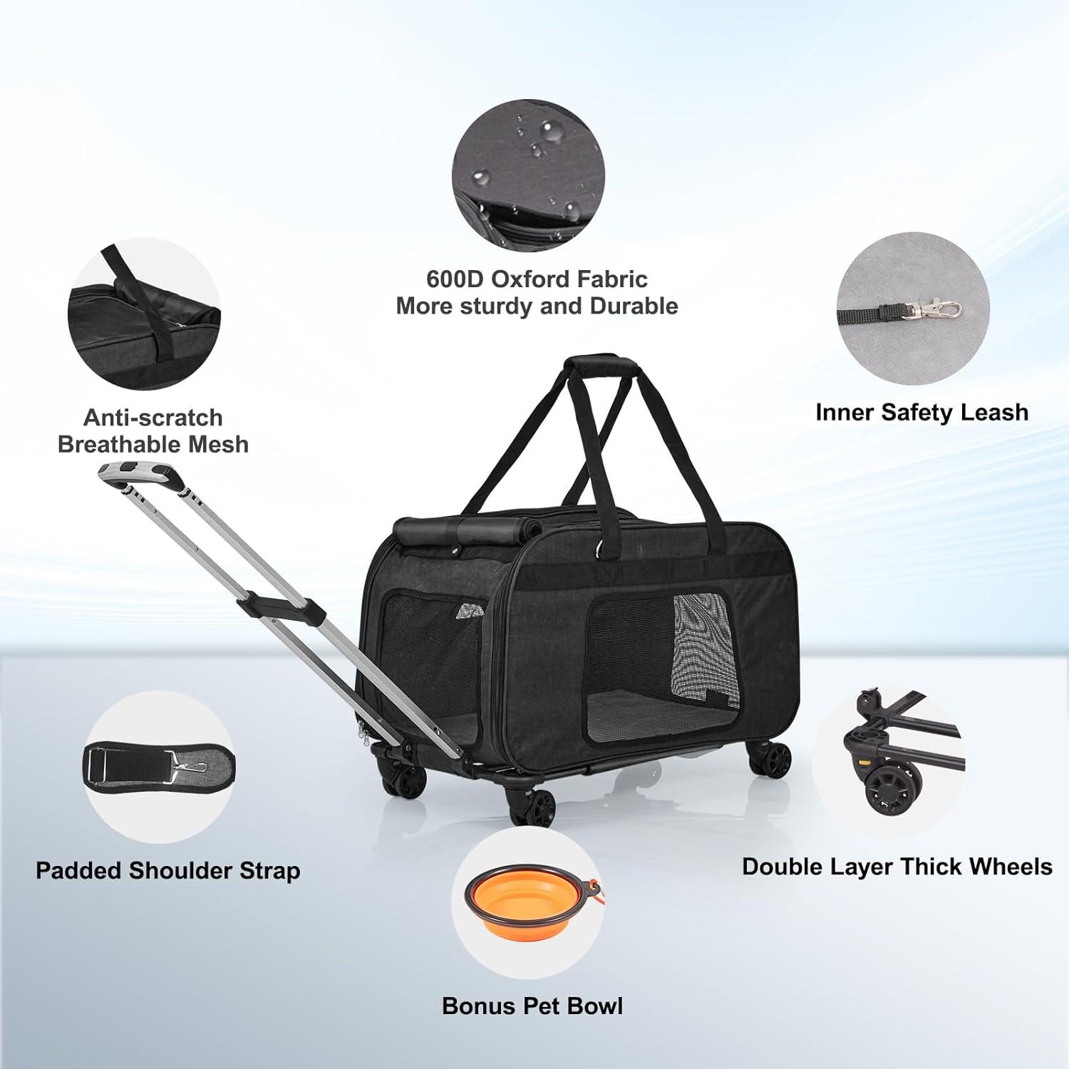 VEVOR Large Cat Dog Carrier with Wheels for Under 35lbs, Rolling Pet Carrier with Upgraded Wheels, Foldable Wheeled Dog Travel Carrier (Not for Airline)