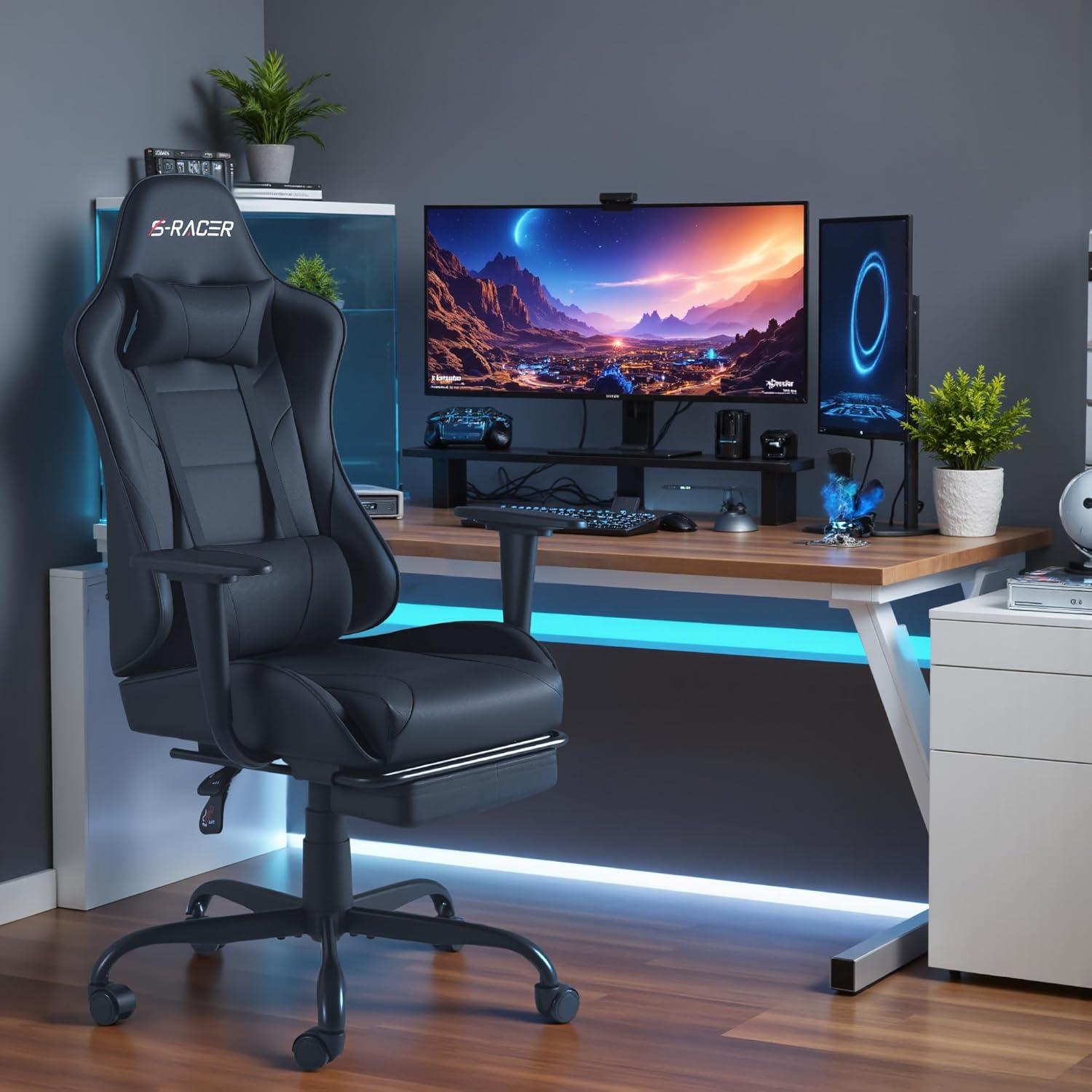 Killeryuki Gaming Chair Massage Computer Office Chair Ergonomic Desk Chair with Footrest Racing Executive Swivel Chair Adjustable Rolling Task Chair (Black)