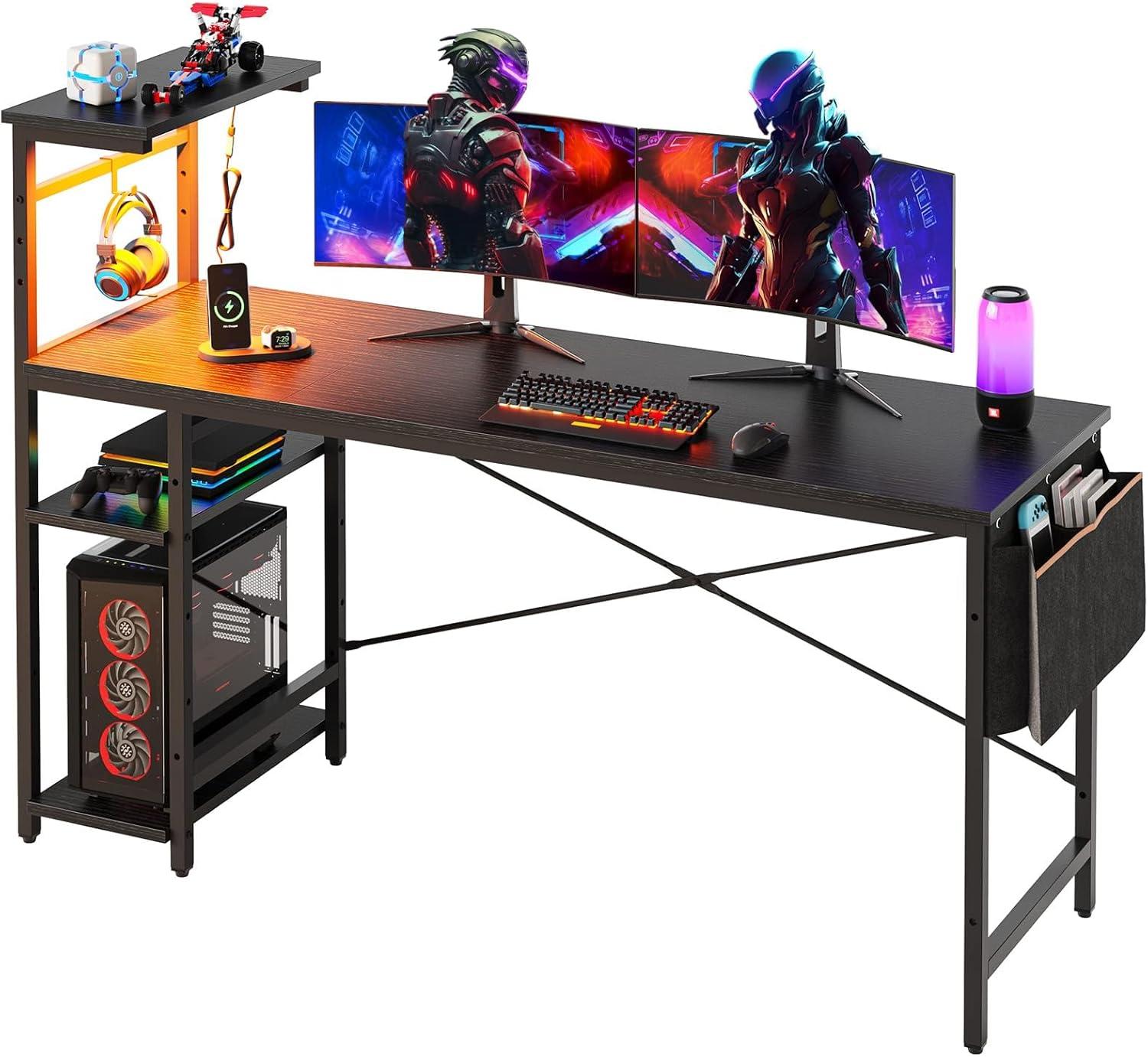 Bestier 61 Inch Black Grained Gaming Desk with Shelves