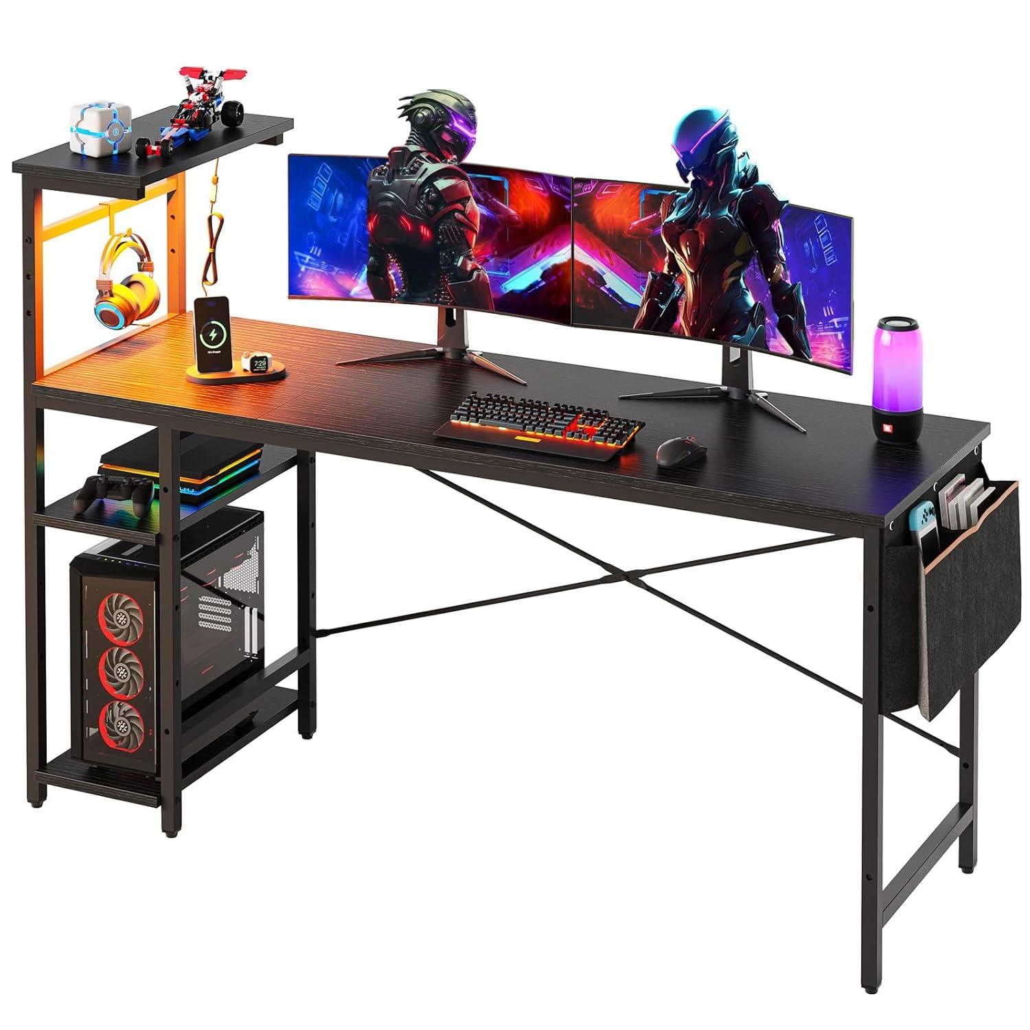 Bestier 61 Inch Retangular Gaming Desk with Shelves Black