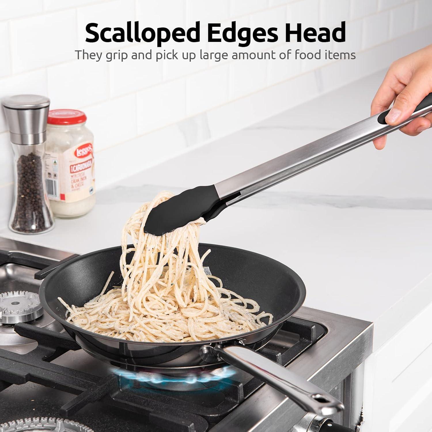 Black 16" Silicone and Stainless Steel Heat Resistant Kitchen Tongs