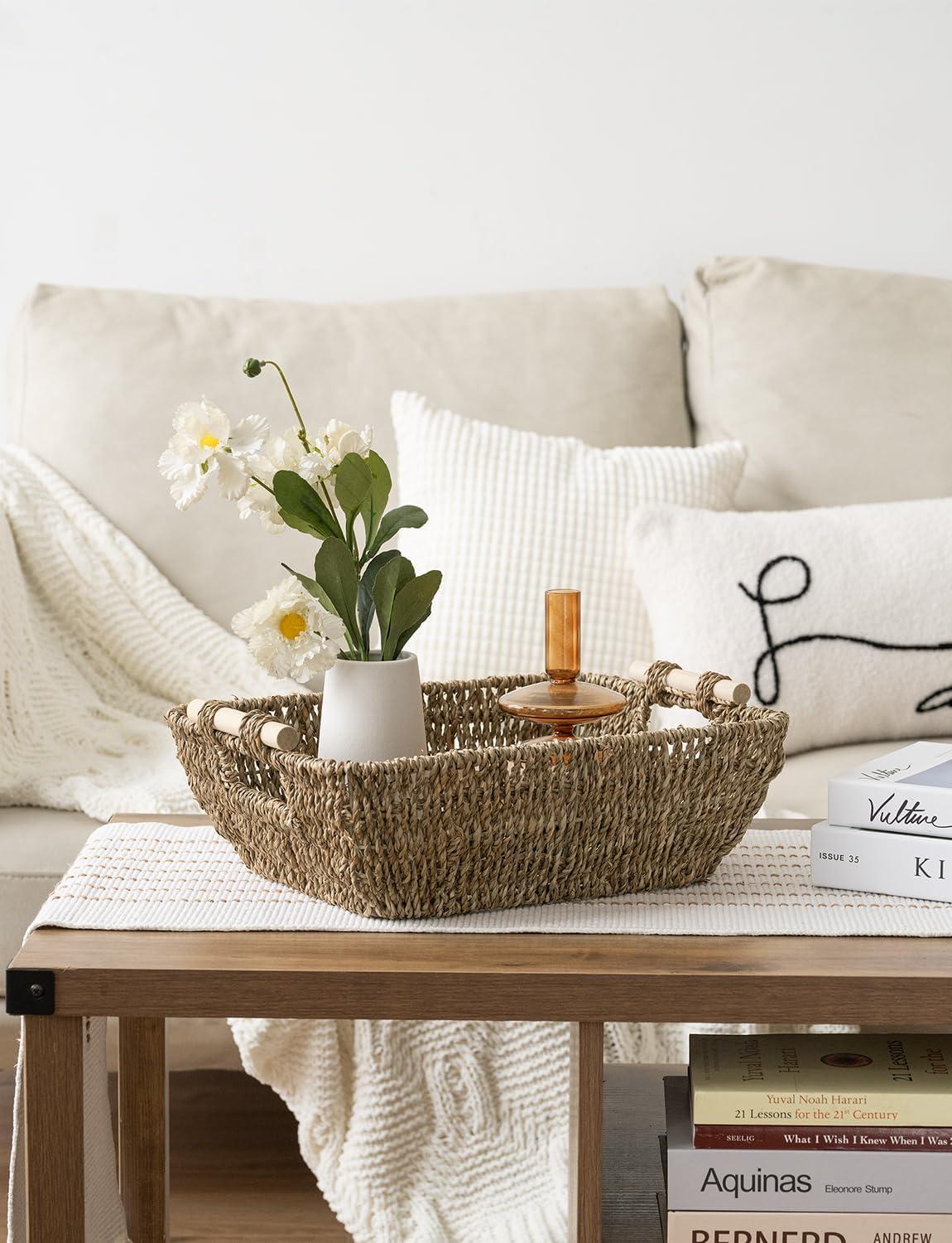 Hand-Woven Natural Seagrass Rectangular Storage Baskets with Wooden Handles