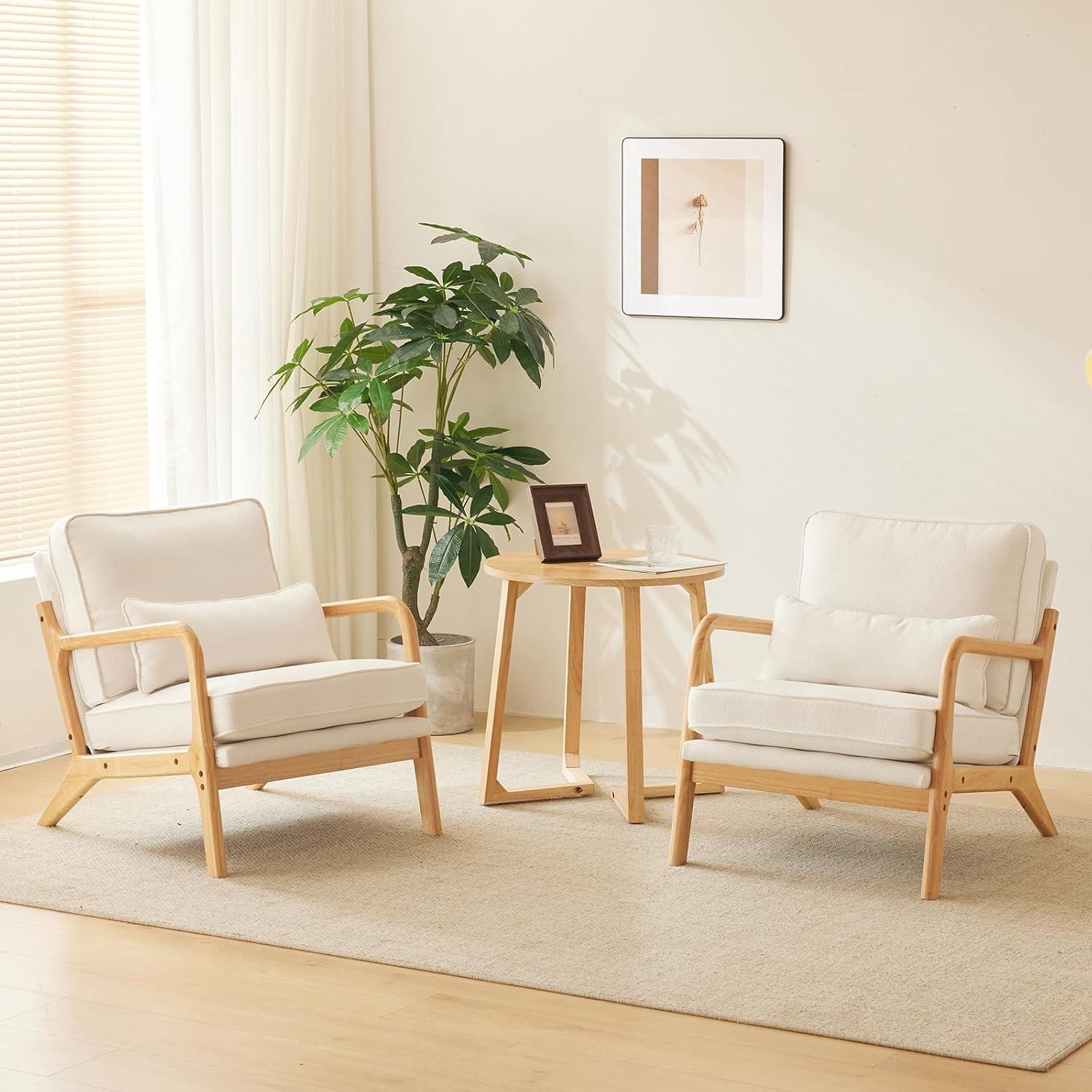 Beige Linen Armchair with Wood Frame and Pillow