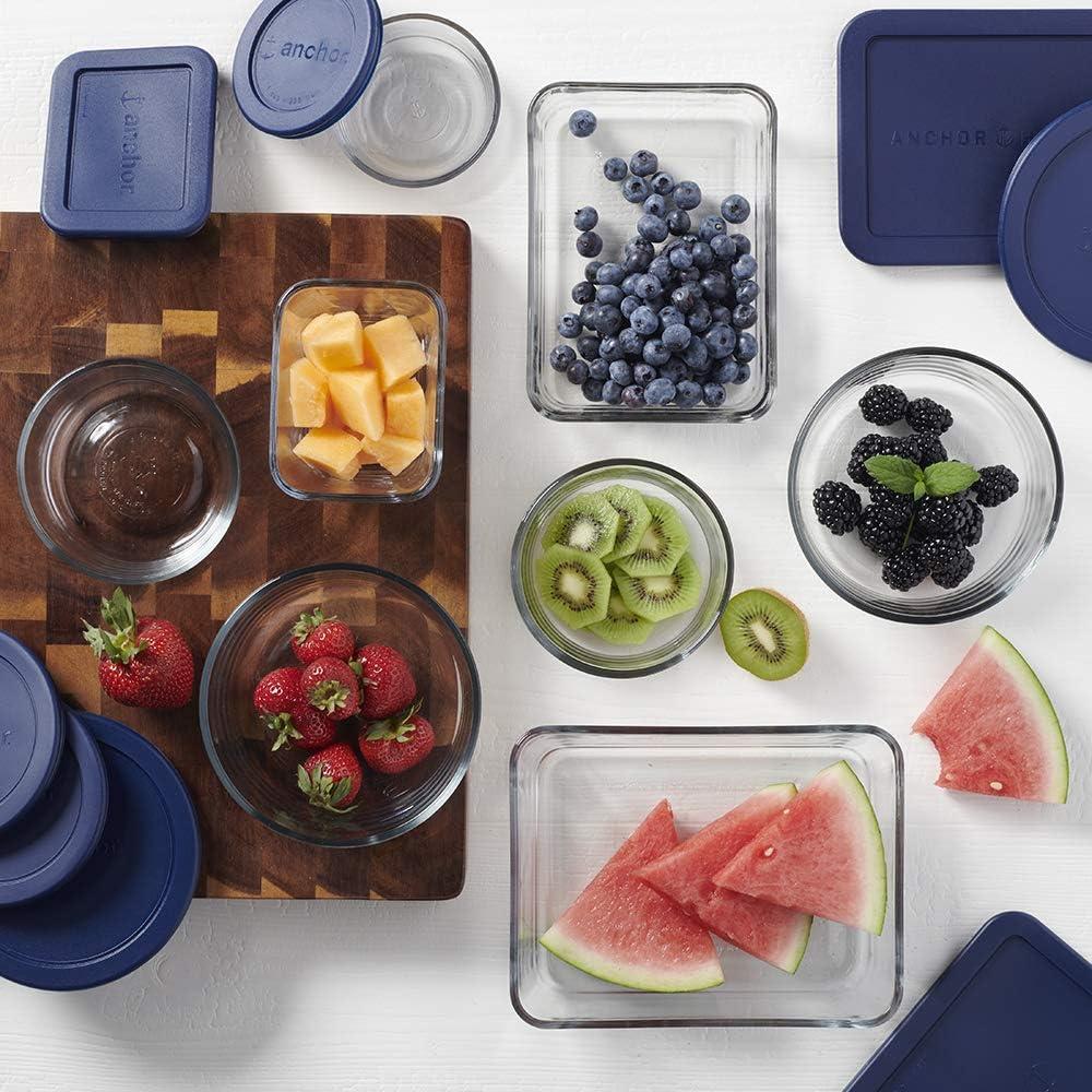 16 Piece Glass Food Storage Containers with Navy Blue Lids