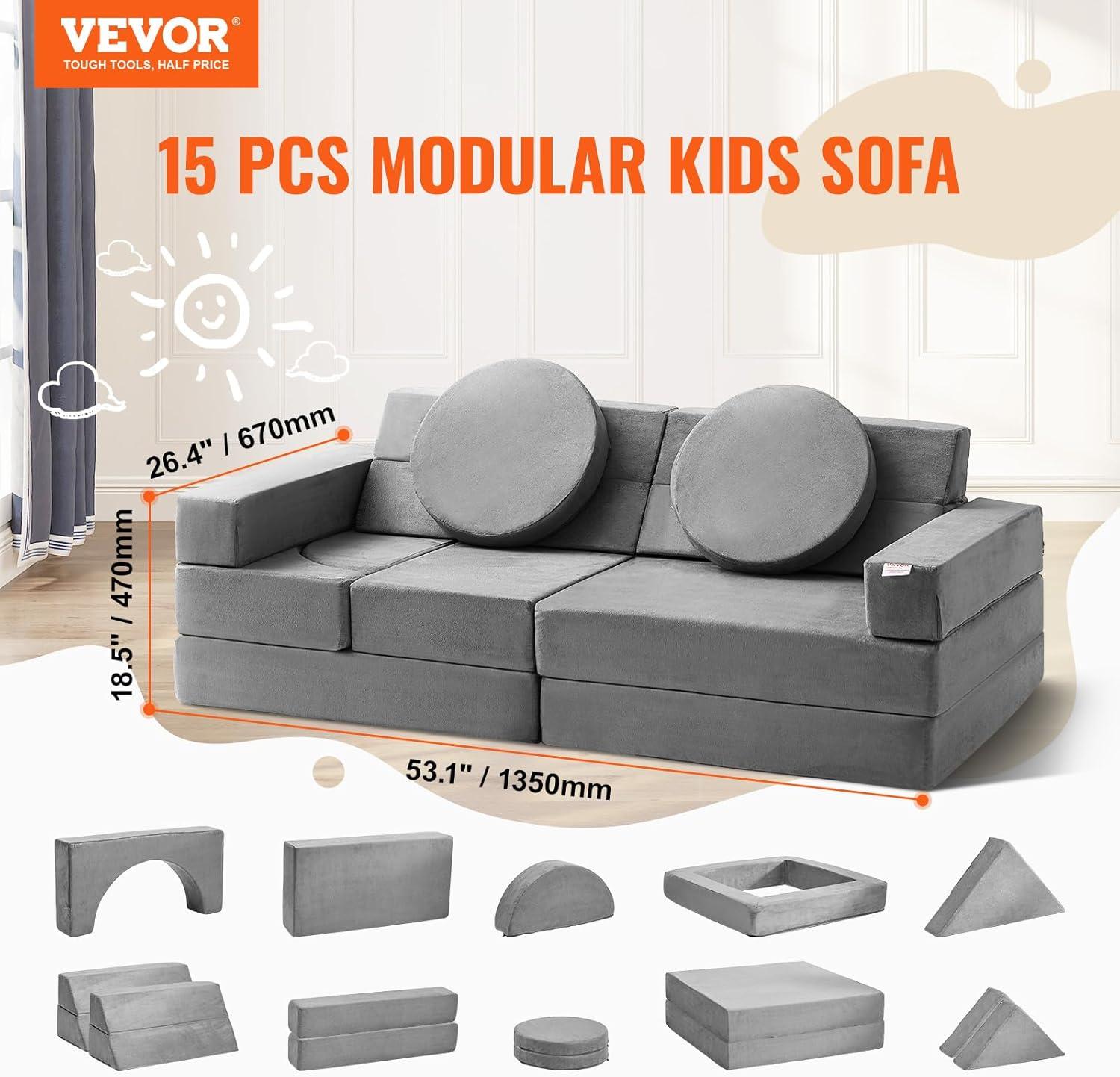 HCY Play Couch, Modular Kids Nugget Couch 15pcs, Toddler Foam Sofa Couch with High-density 25D Sponge for Playing, Creating, Sleeping, Imaginative Kids Furniture for Bedroom and Playroom
