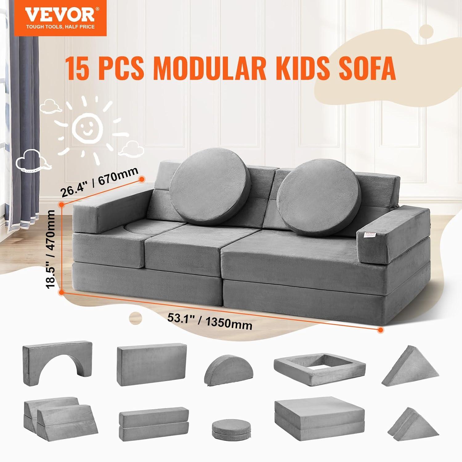 HCY Play Couch, Modular Kids Nugget Couch 15pcs, Toddler Foam Sofa Couch with High-density 25D Sponge for Playing, Creating, Sleeping, Imaginative Kids Furniture for Bedroom and Playroom