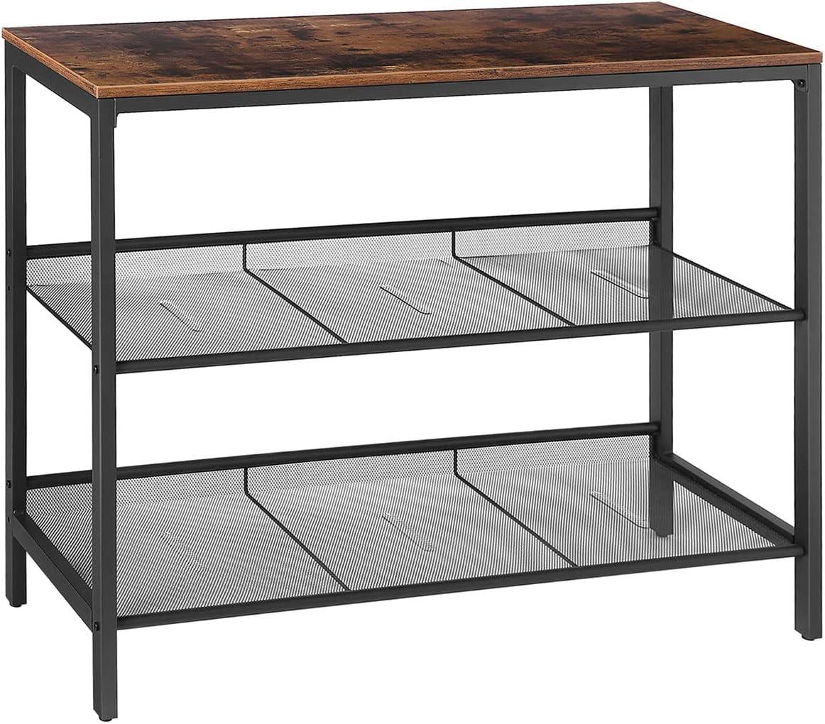 Rustic Brown and Black Console Table with Adjustable Mesh Shelves