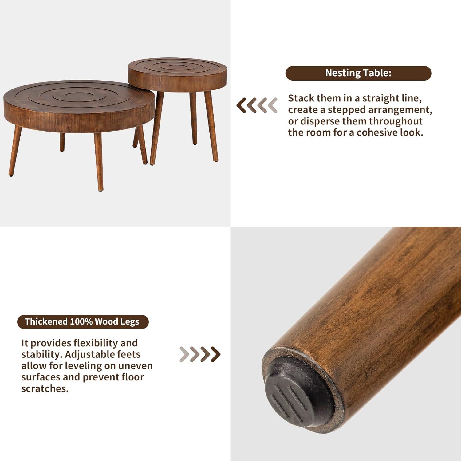 COSIEST 2 Piece Round Coffee Table Set, Modern Nesting Table with Handcrafted Wood Ring Motif, Farmhouse Wood End Table for Living Room
