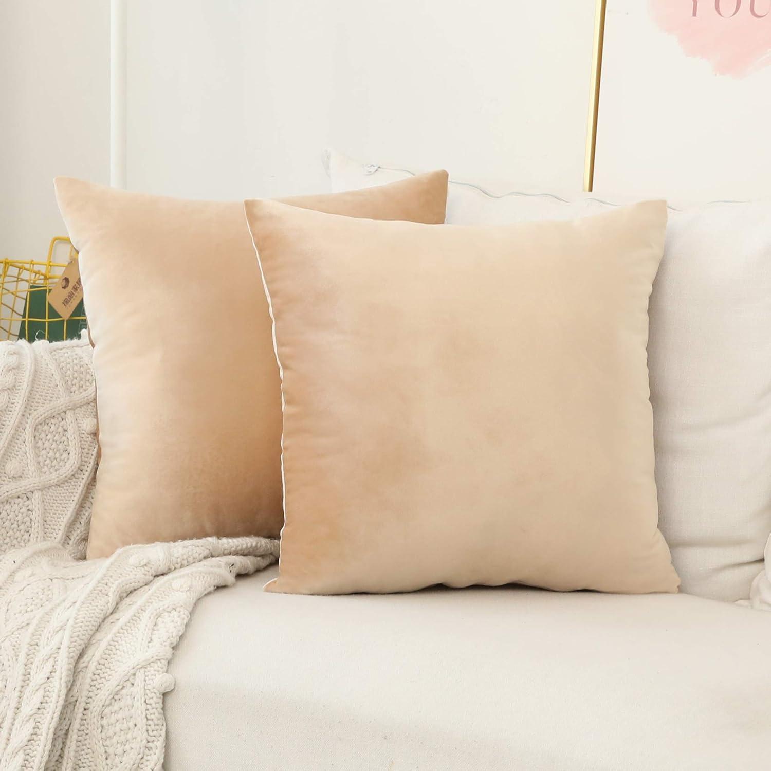Toptie Set of 2 Velvet Pillow Covers 18" x 18", Throw Cushion Case for Sofa Bedroom (Beige)