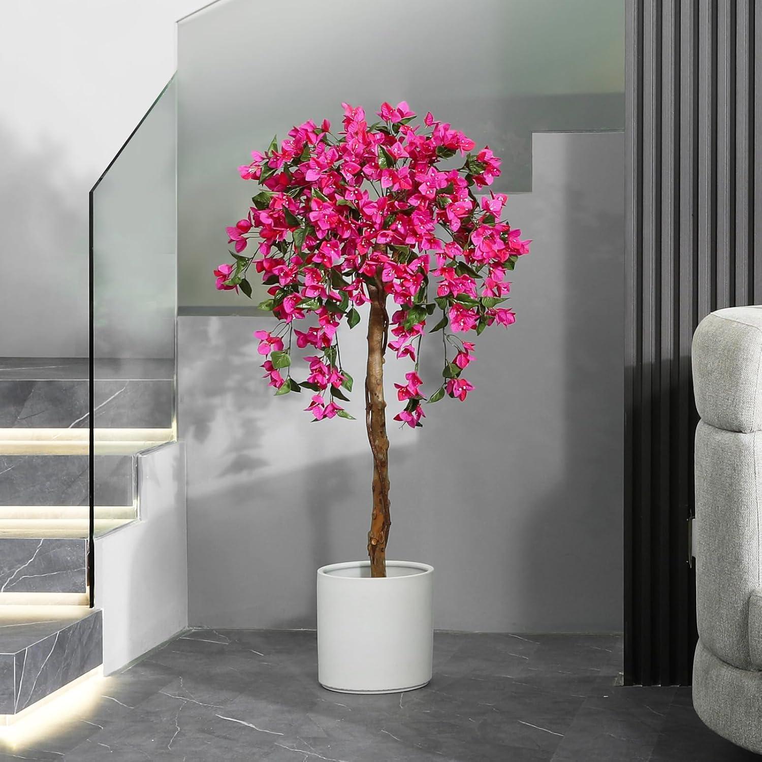 5FT Artificial Bougainvillea Tree Potted Fake Plant with Wood Trunk and Pink Flowers for Indoor Office Wedding Home Decor