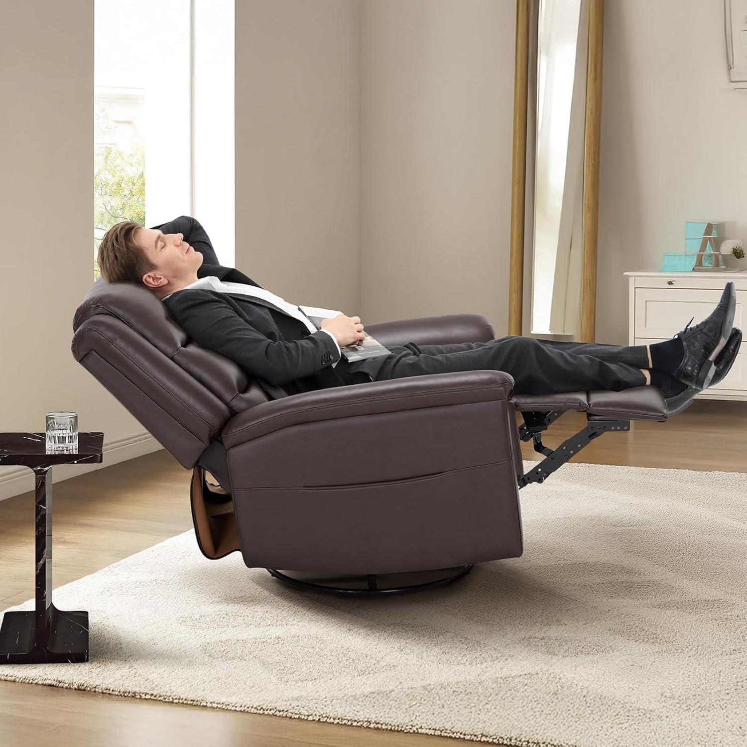 Dark Brown Leather Swivel Recliner with Metal Frame